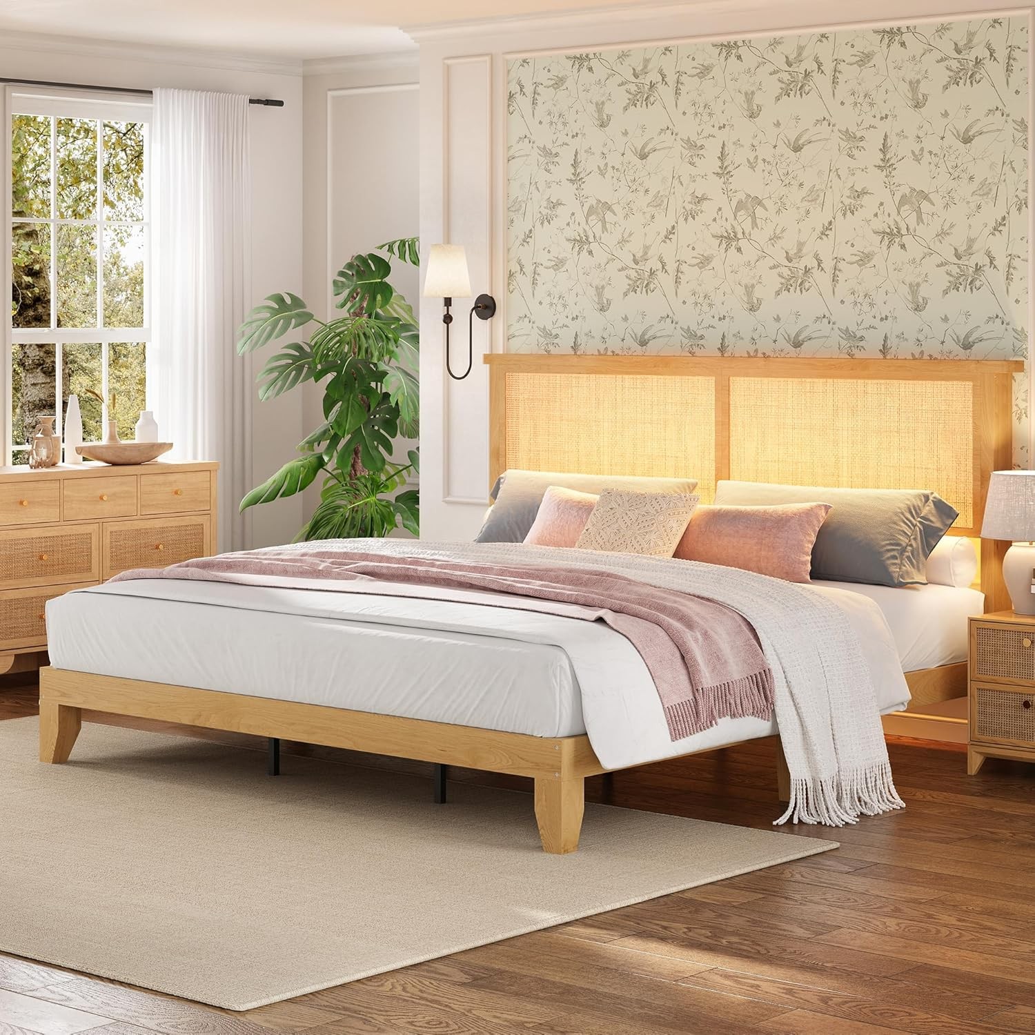 King Size Rattan Bed Frame,with LED Light & Natural Headboard,Easy Assembly NEW
