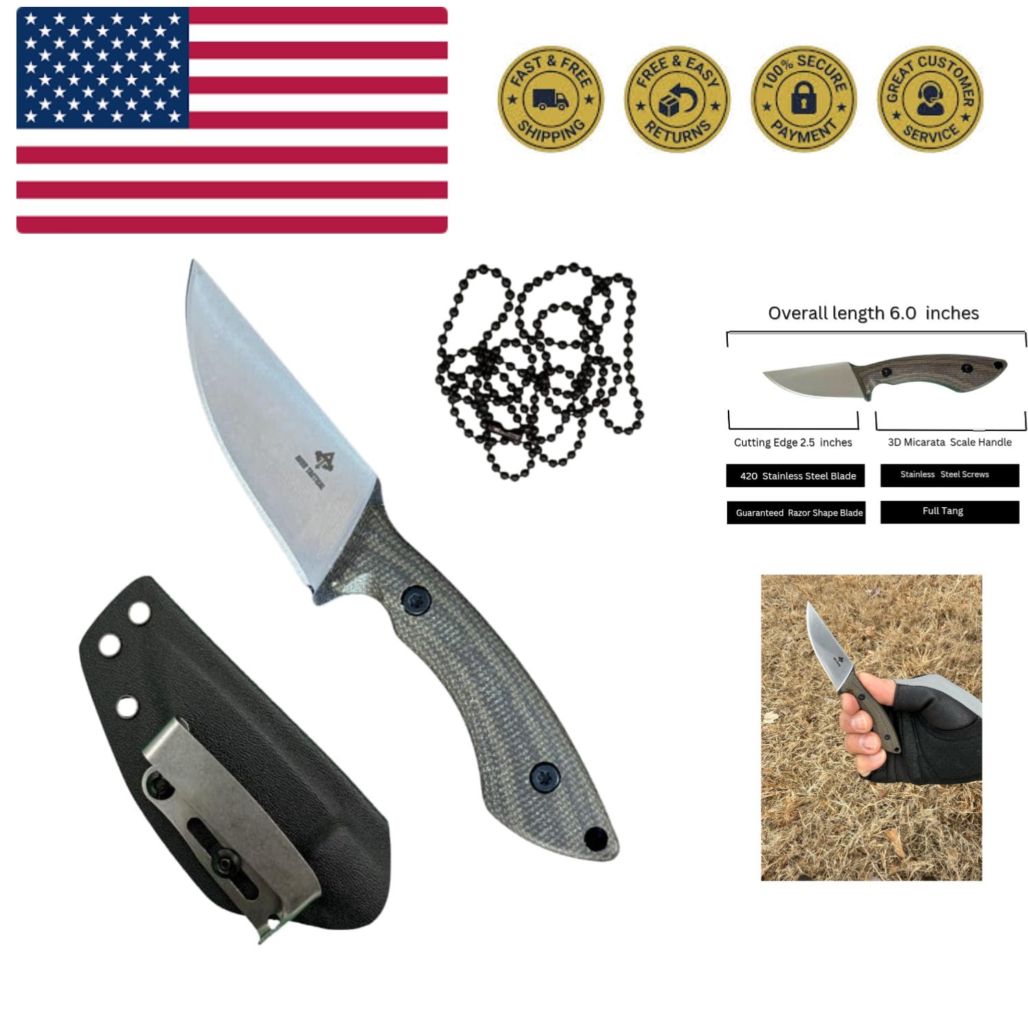 Fixed Blade, 3D Micarta Scales, EDC With Kydex Sheath, Ideal for Skinning, Su...