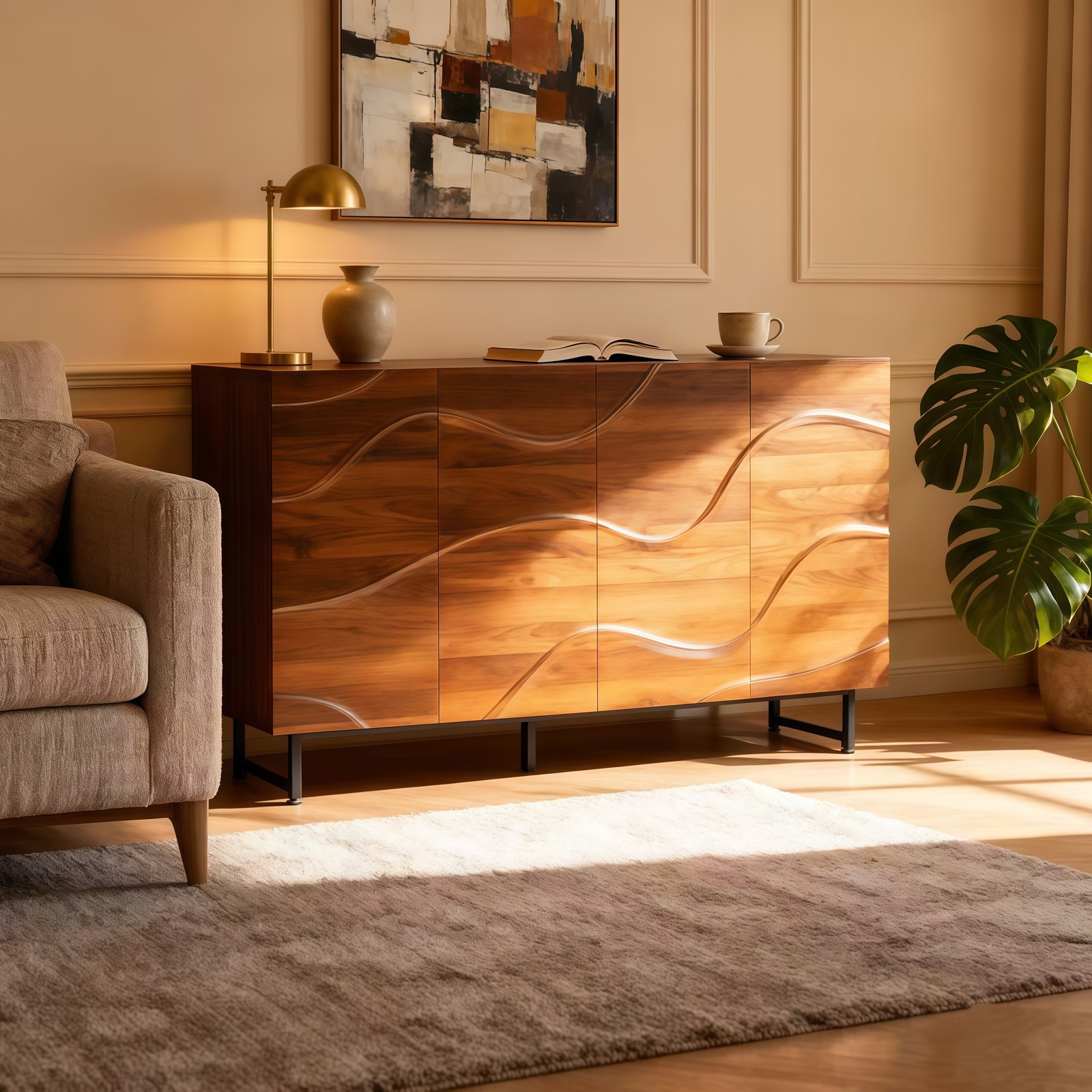 Modern Art Solid Wood Sideboard,59*16*35inch, Wave Relief Design, Walnut Textu