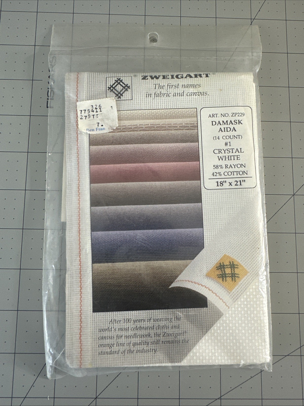 Zweigart Damask Aida 14 Count #1 Crystal White Cross Stitch Fabric, 18" x 21"
