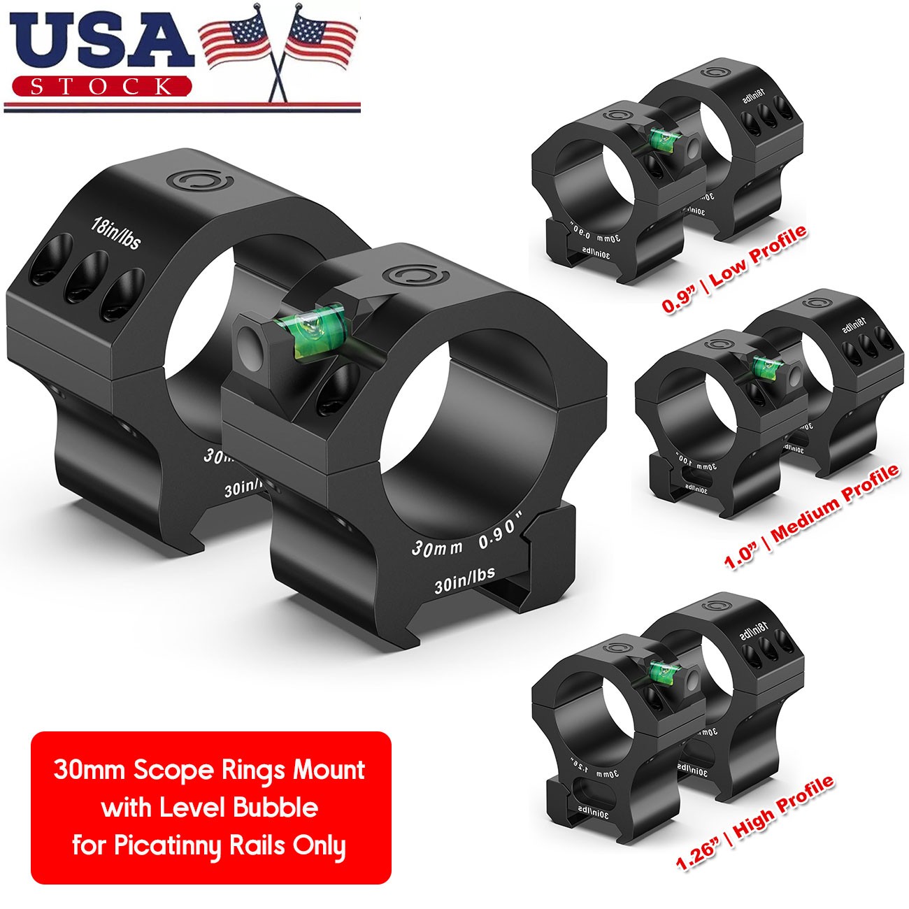 Picatinny 30mm Scope Ring Mount Low/Middle/High Profile with Spirit Bubble Level
