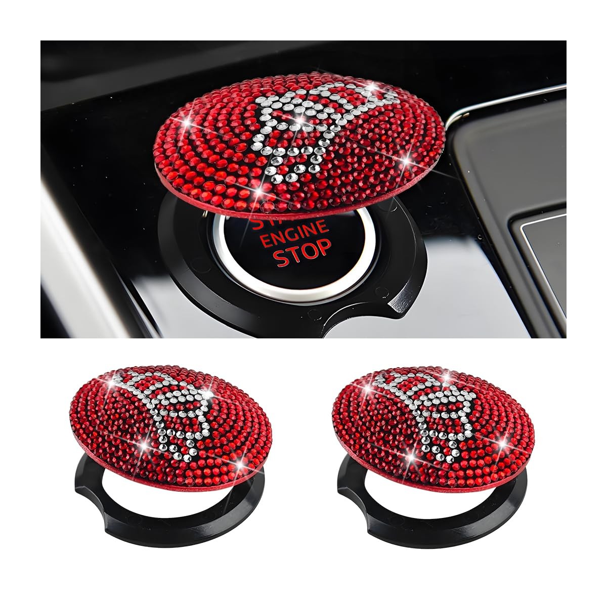 2PCS Bling Car Push Start Button Cover, Crystal Rhinestones Crown Vehicle Push S