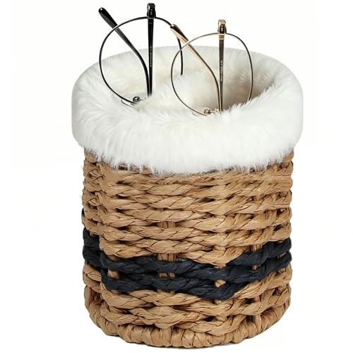 Glasses Holder for Nightstand,2 in 1 Plush Lined Paper Rope Brown/Black