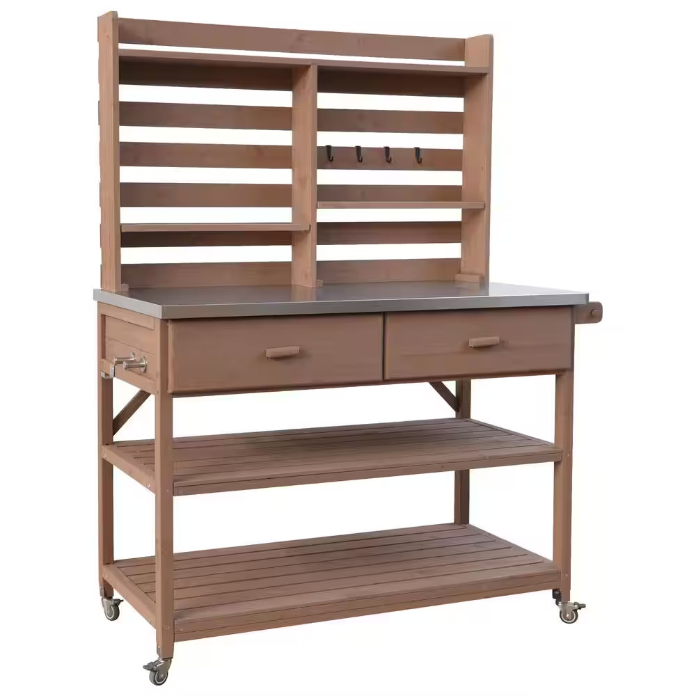 22.20 In. W X 64.90 In. H Outdoor Potting Bench Table with Lockable Wheels, Uppe