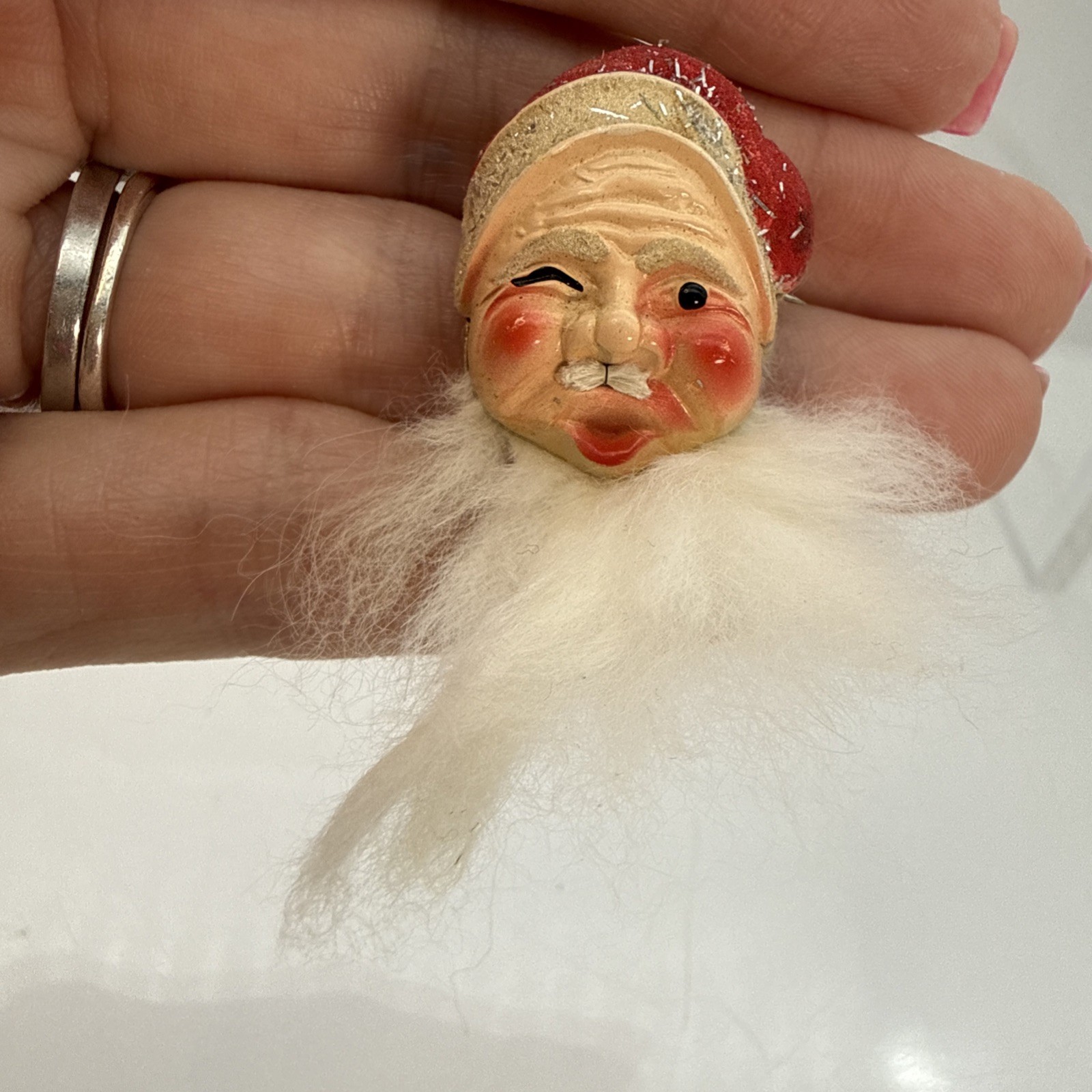 Vintage 1950-60s Winking Santa Face Pin, Sparkles Hat & Fluffy Beard, Korea