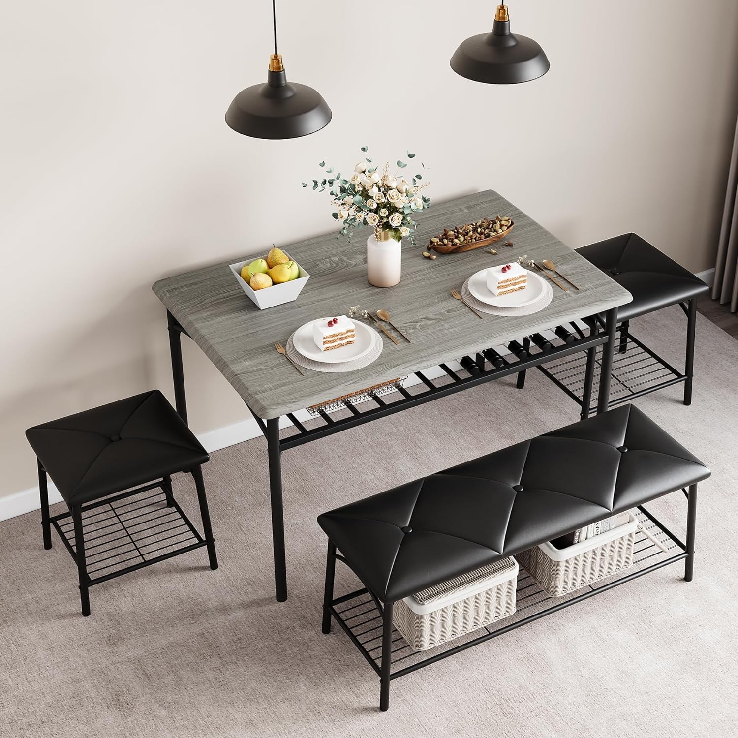 Kitchen Table Set for 4 Dining Table with Bench and 2 Square Stools Storage USA