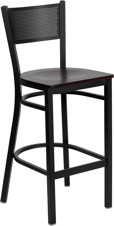 Black Grid Back Metal Restaurant Barstool with Mahogany Wood Seat