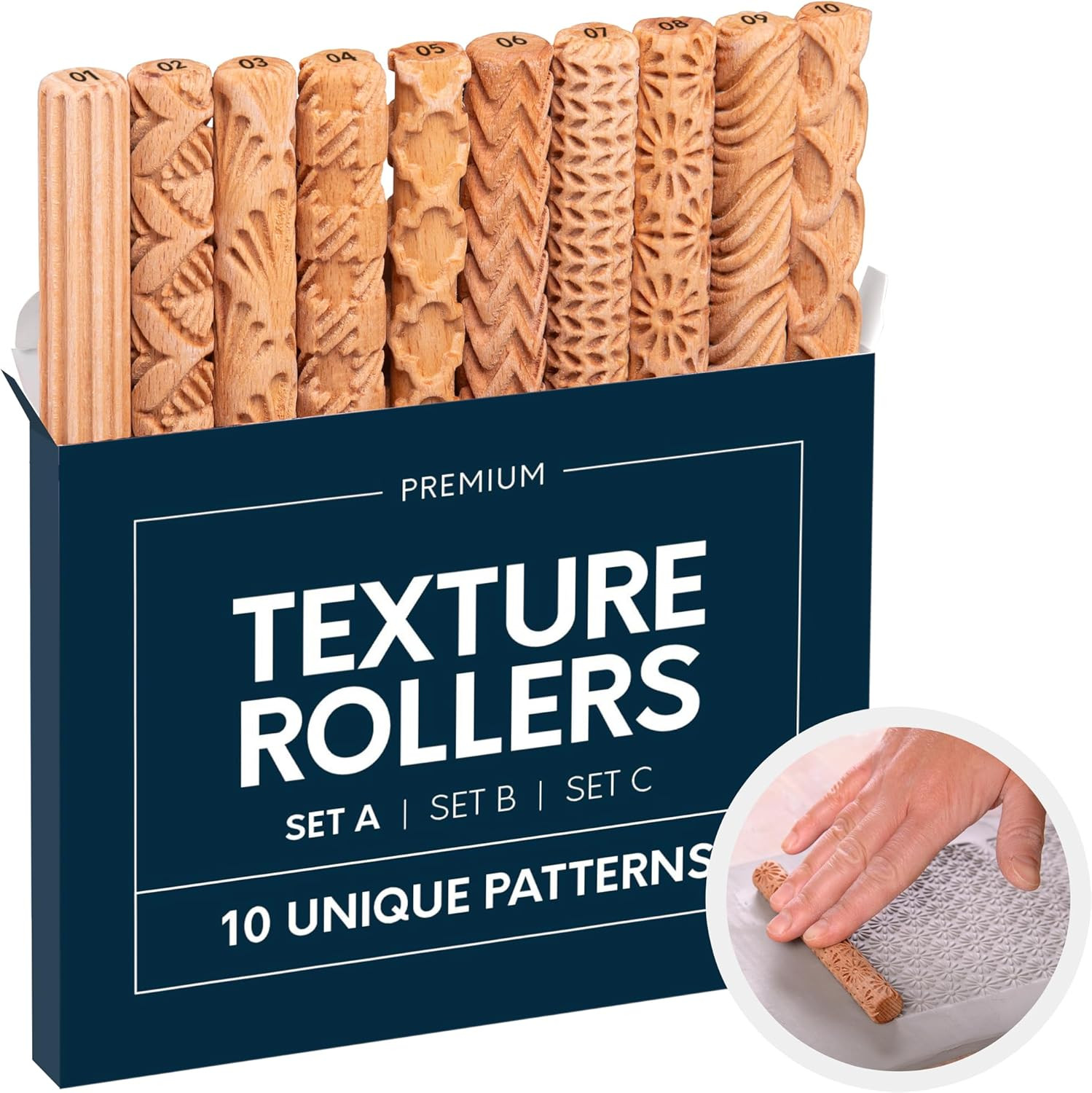 Clay Texture Rollers | 10-Pack | 5 in X 0.65 in | Premium Wooden Pottery Tools |