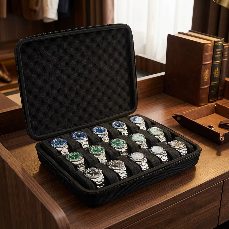 Portable 15 Slot Watch Organizer Box Hard Case with Soft Foam Pillow Inserts