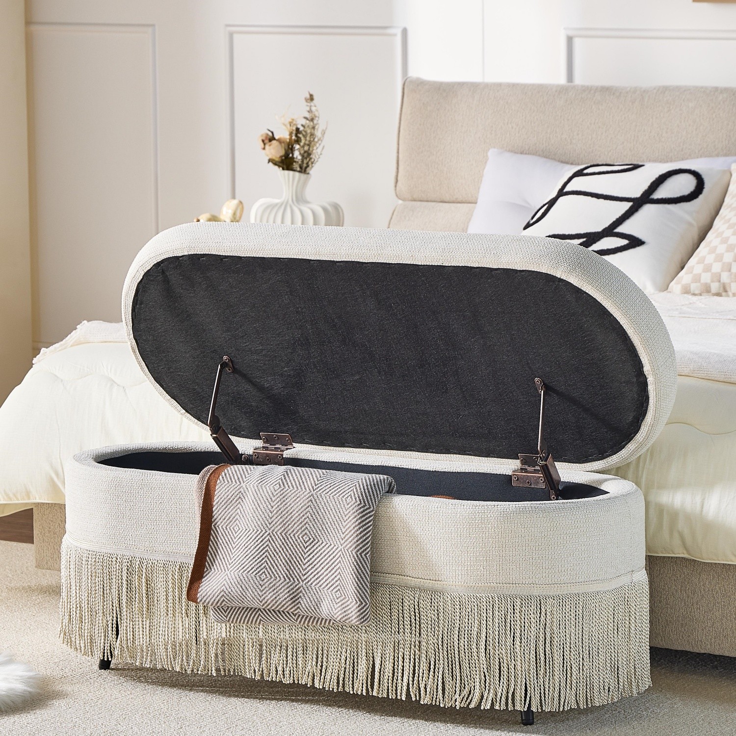Storage Ottoman Bench 39" Oval Upholstered Footrest w/ Metal Frame & Fringe Trim