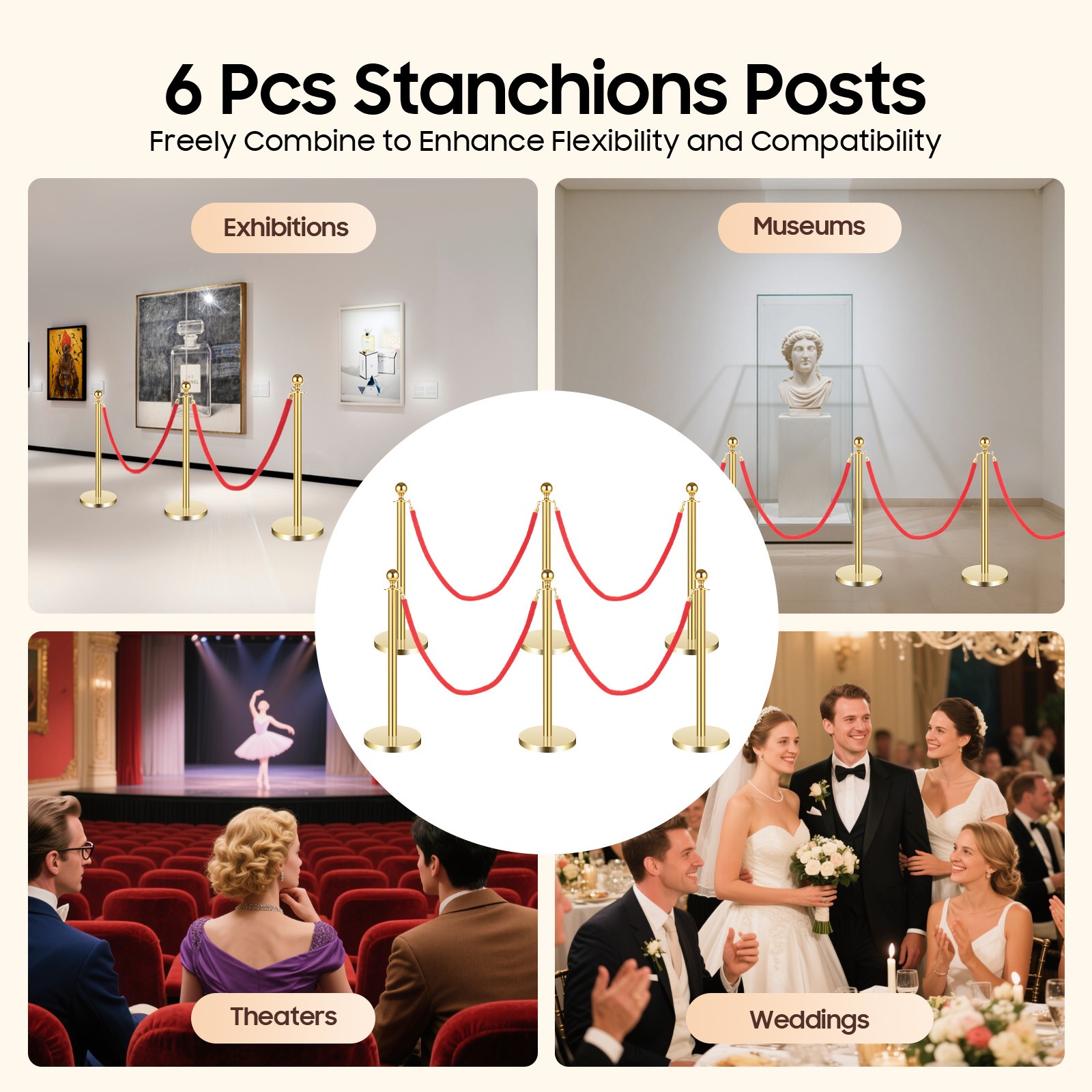 6Pcs Golden Stanchion Posts with 4 Velvet Ropes Crowd Control Queue Pole Barrier