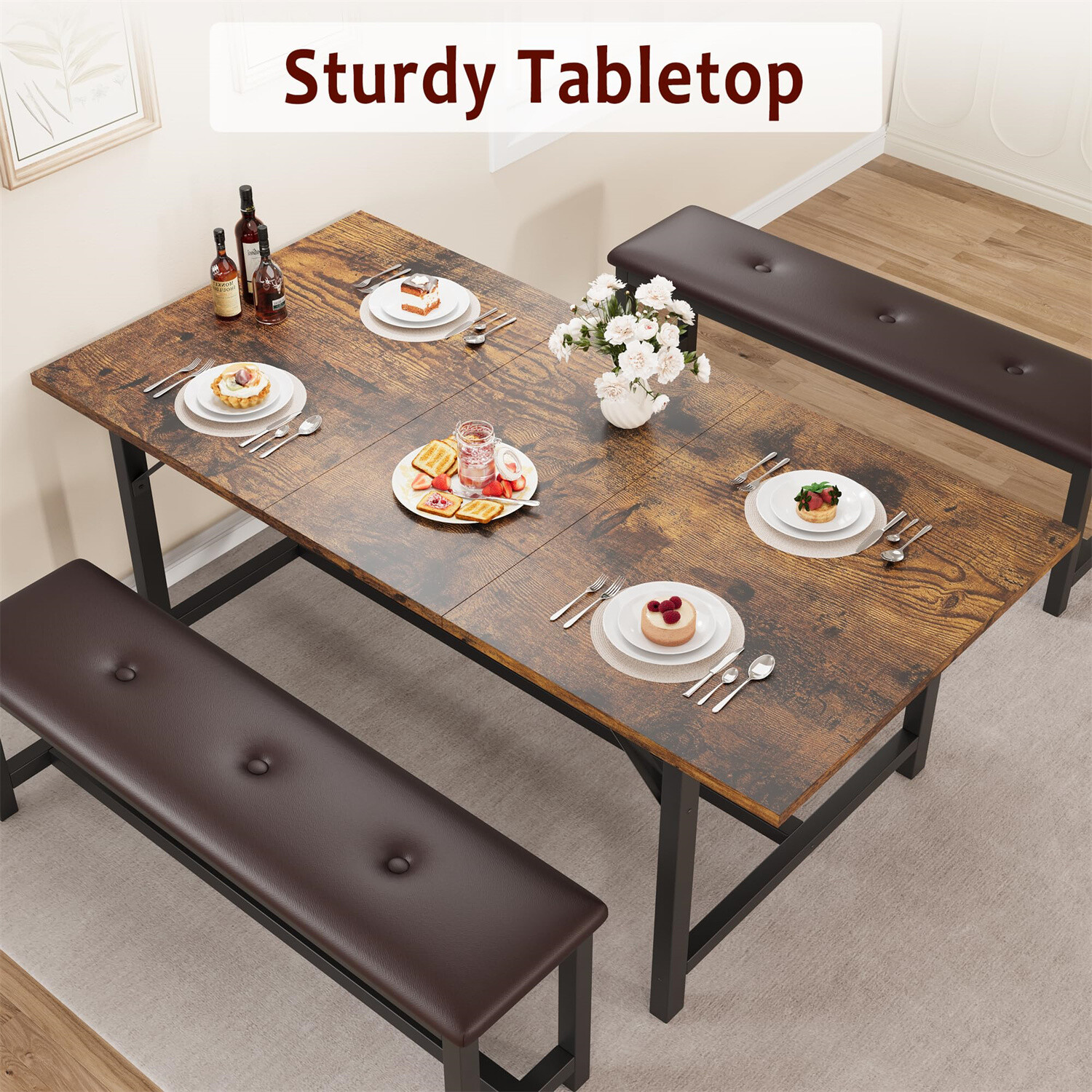 63" Extendable Dining Room Table Set with 2 Upholstered Benches Dining Table Se