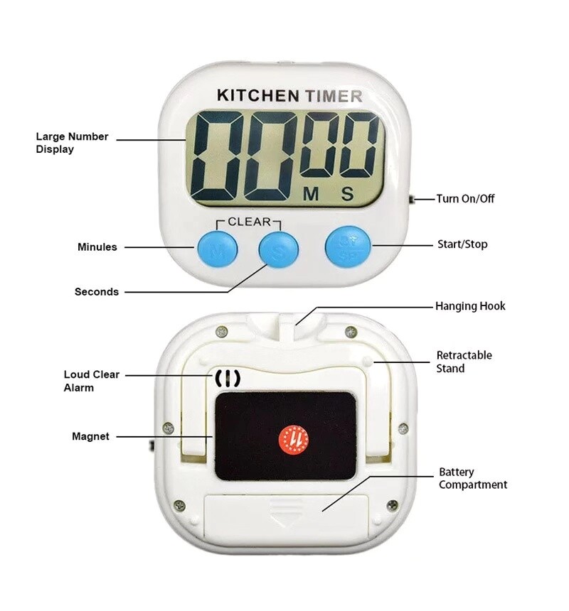 Magnetic Large LCD Digital Kitchen Cooking Timer Count Down Up Clock Loud Alarm