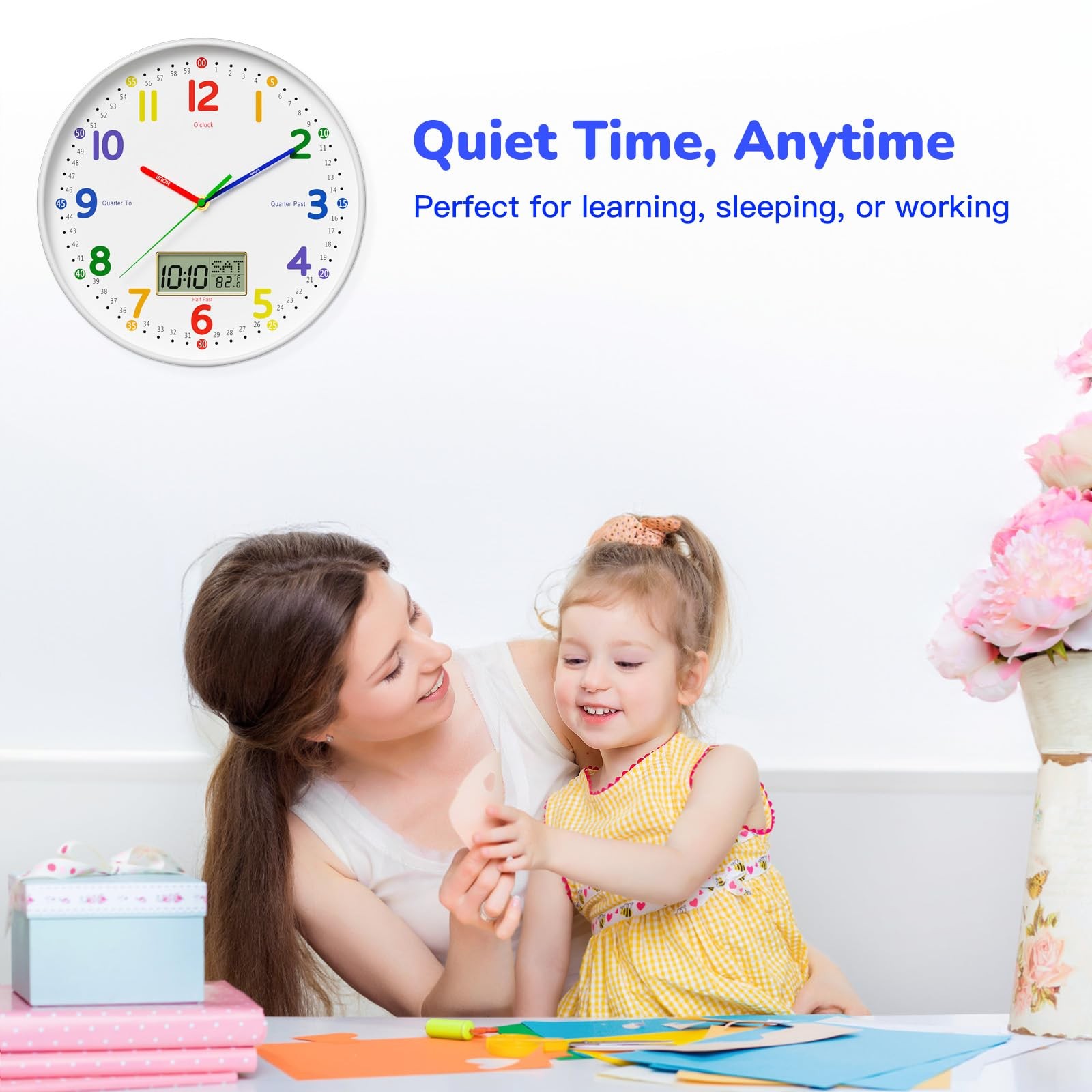 12" Silent Teaching Wall Clock with LCD Date Weekday Temperature Display – Te...