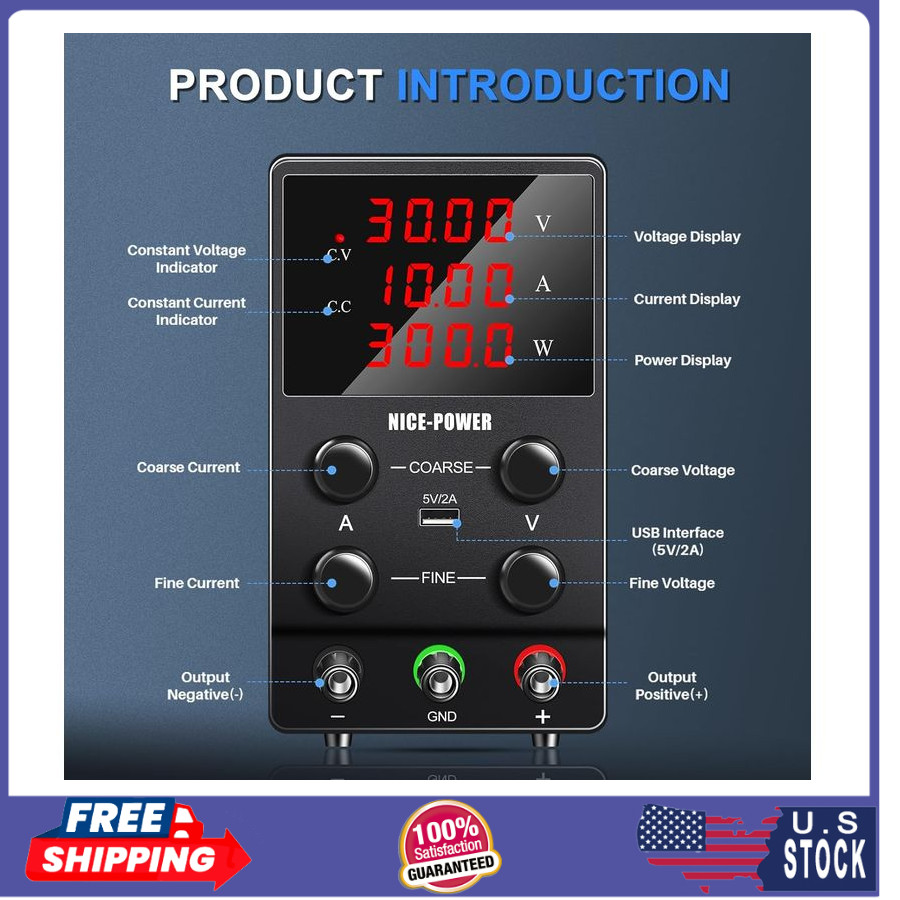 DC Power Supply Variable: 30V 10A Adjustable Switching 4-Digits LED 5V/2A USB