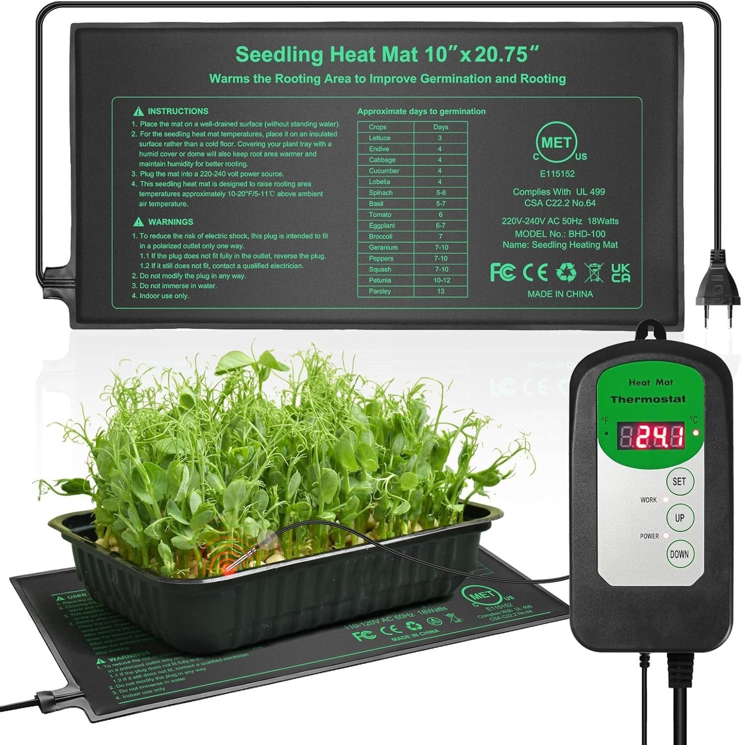 Bestio10"x 20.75" Seedling Heat Mat and Digital Thermostat Combo Set,MET & UL...