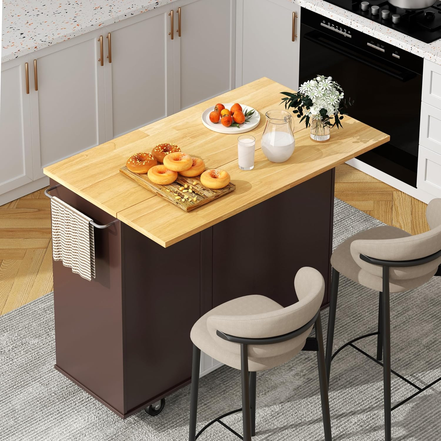 Kitchen Island with Folding Drop Leaf, Rolling Island Table with Storage, Kitche
