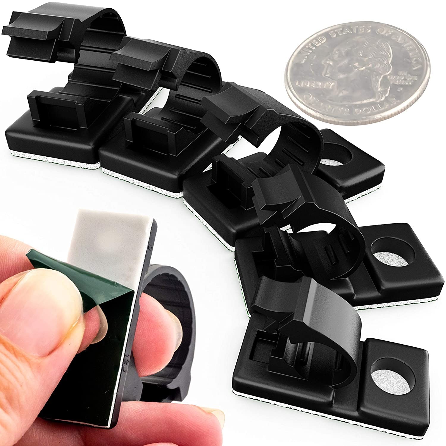 Adhesive-Backed Cable Clamps 100 Pk Multi-Size Set for Wire Management