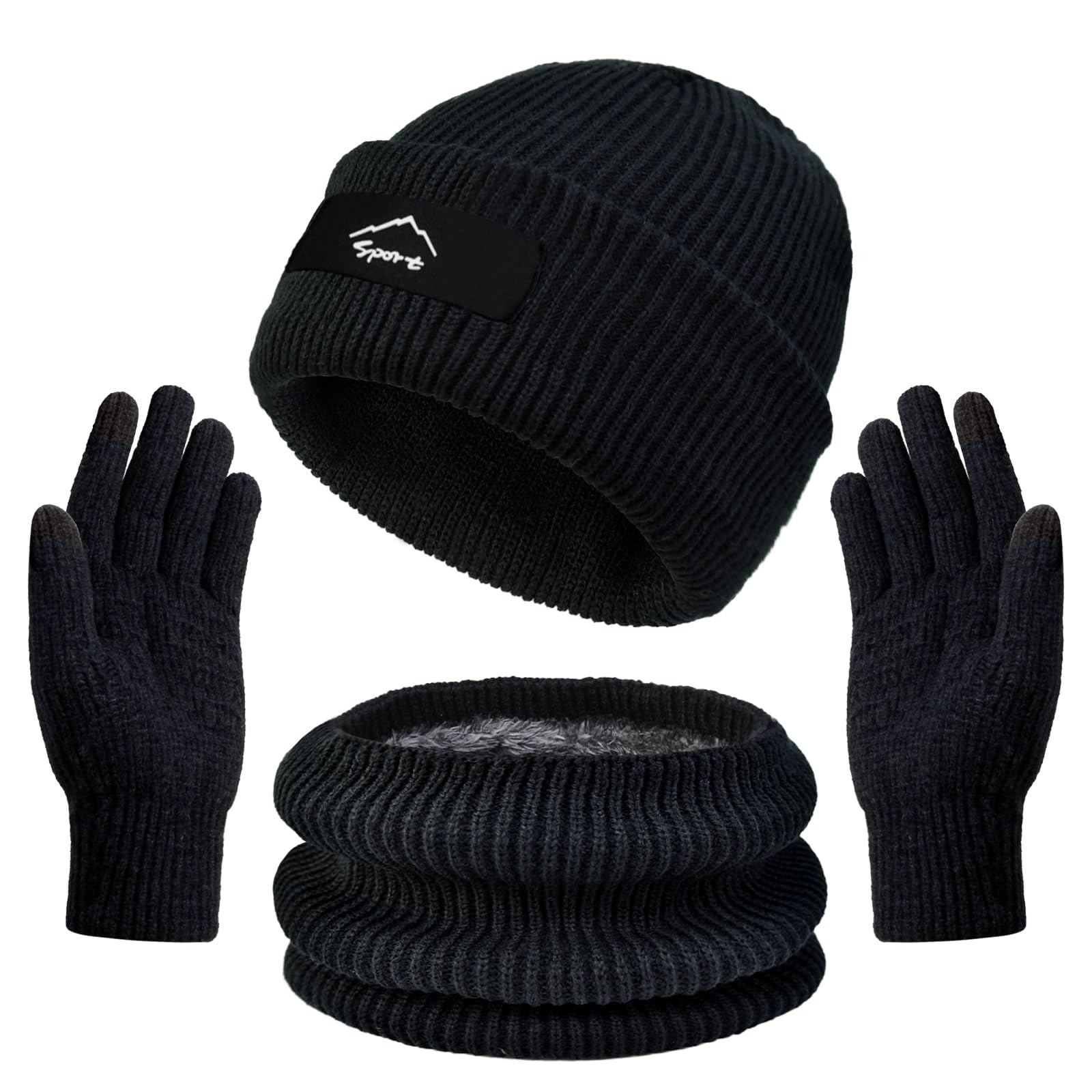 Winter Beanie Hats Scarf Gloves Set Slouchy Beanies Hat Knit Medium, Black