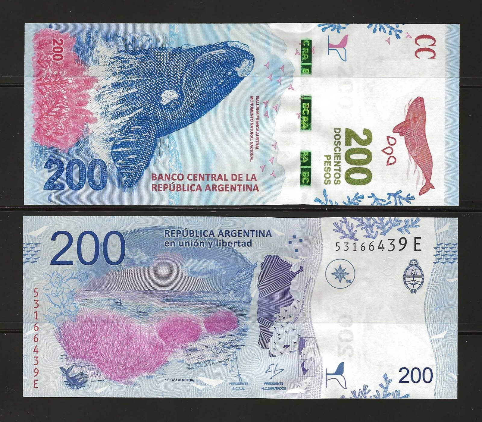 ARGENTINA 200 Pesos 2018, P-364, Suffix "E", Southern Right Whale, UNC Grade