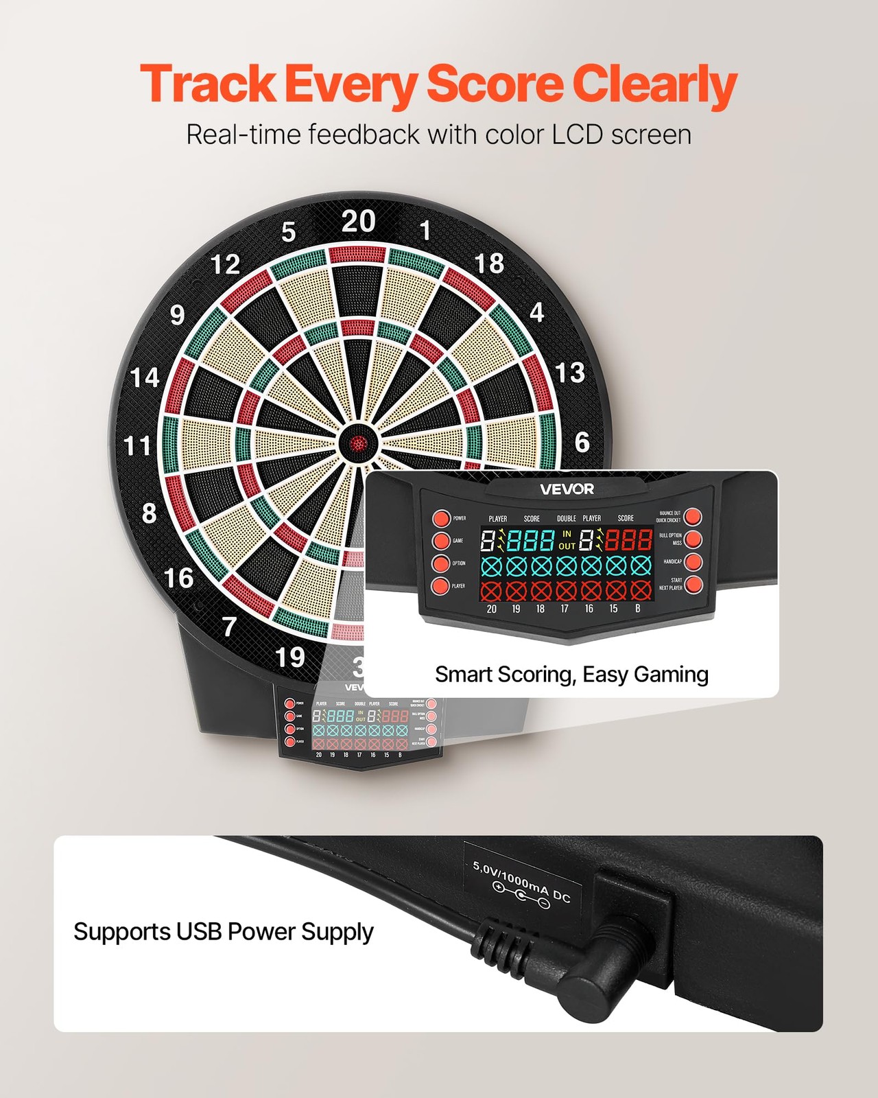VEVOR Electronic Dart Board, 15.5" Target, 43 Games, 320+ Variations, 8 Player