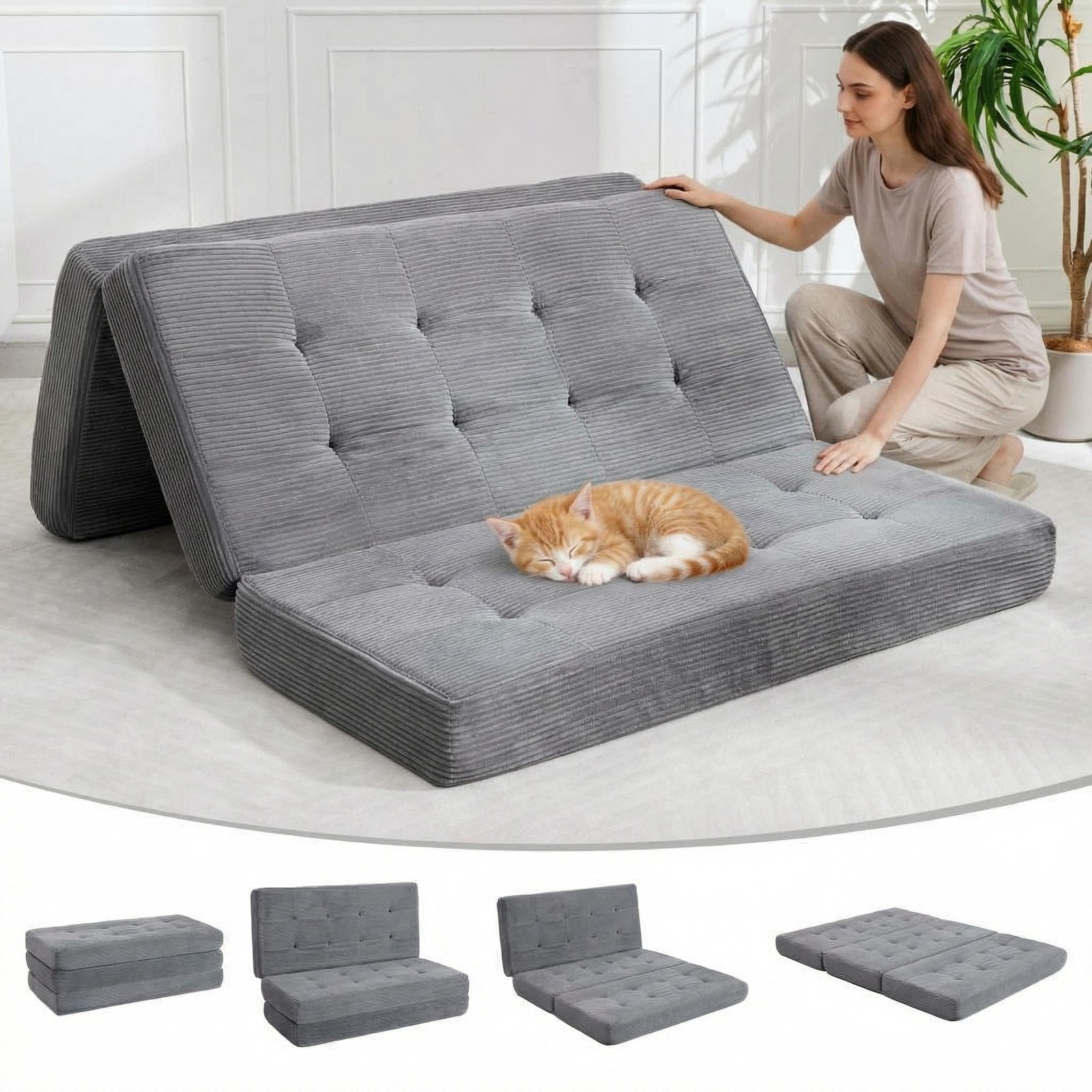 6Inch Tri Fold Mattress 75x54.3 Inch Corduroy Sofa Bed Floor Guest Portable Bed
