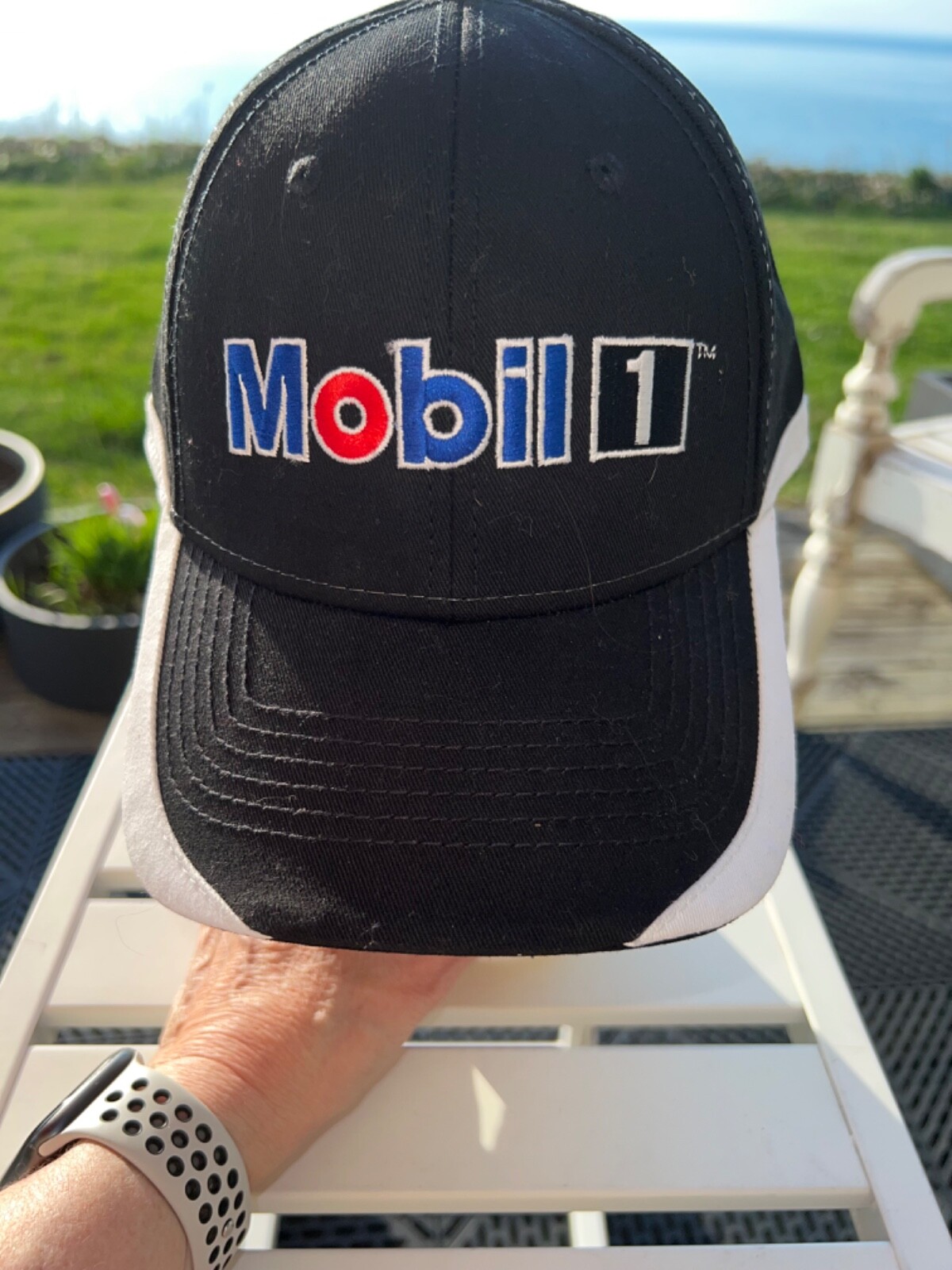 Mobile BlackHat Cap with RWB Accents White Edges on Bill Hook Loop EUC