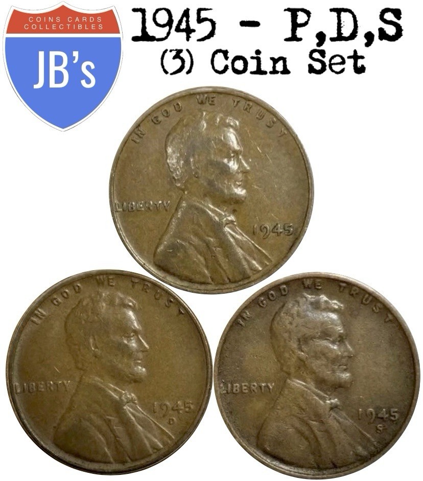1945 P D S Lincoln Wheat Cents (3) Coin Set - Circulated (G/VG)