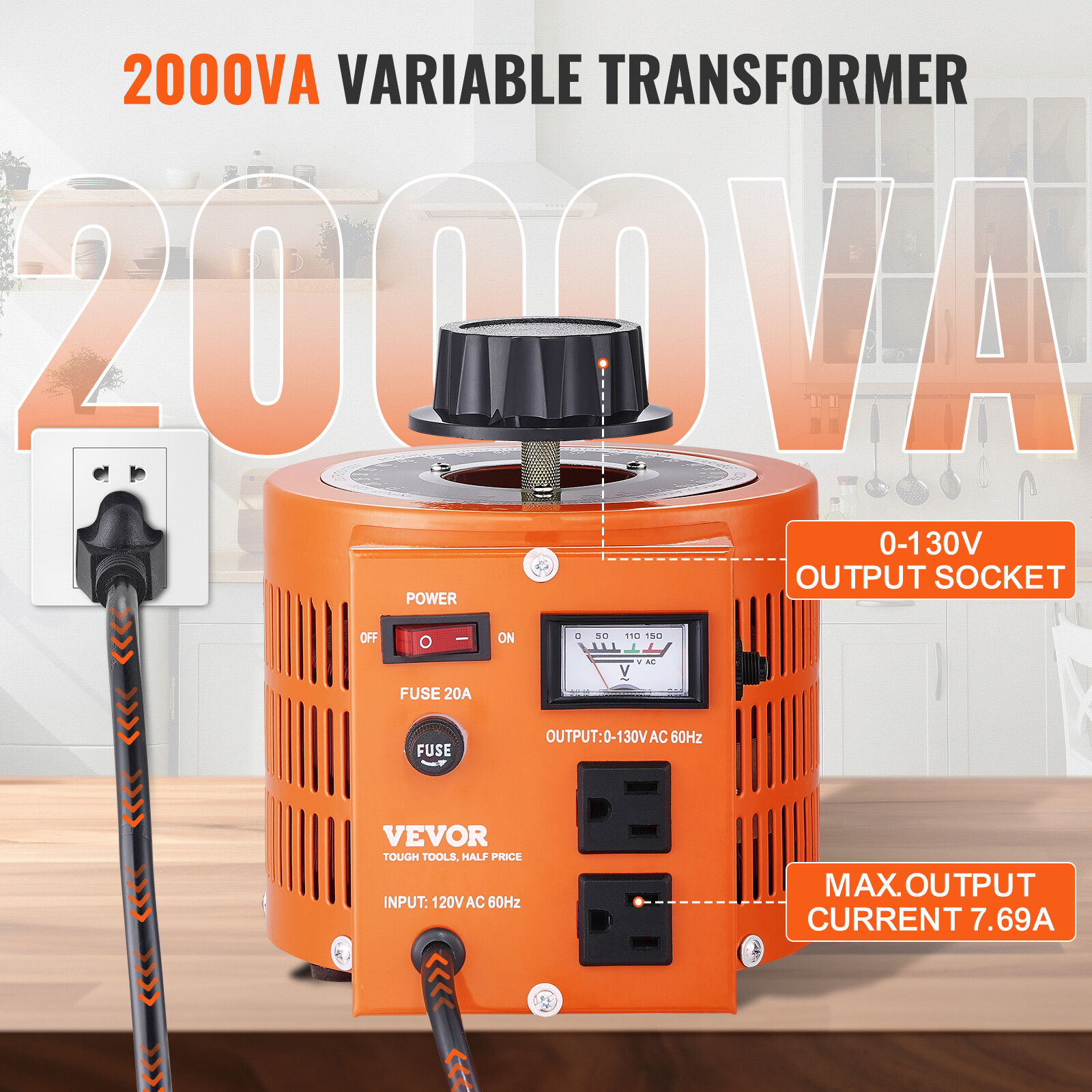VEVOR 2000VA Variable Voltage Transformer 20A 0-130V AC Voltage Regulator