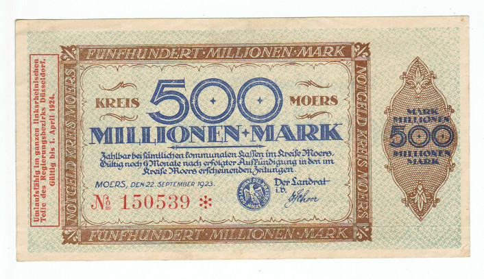 GERMANY BANKNOTE 500 MILLION MARK MOERS 1923