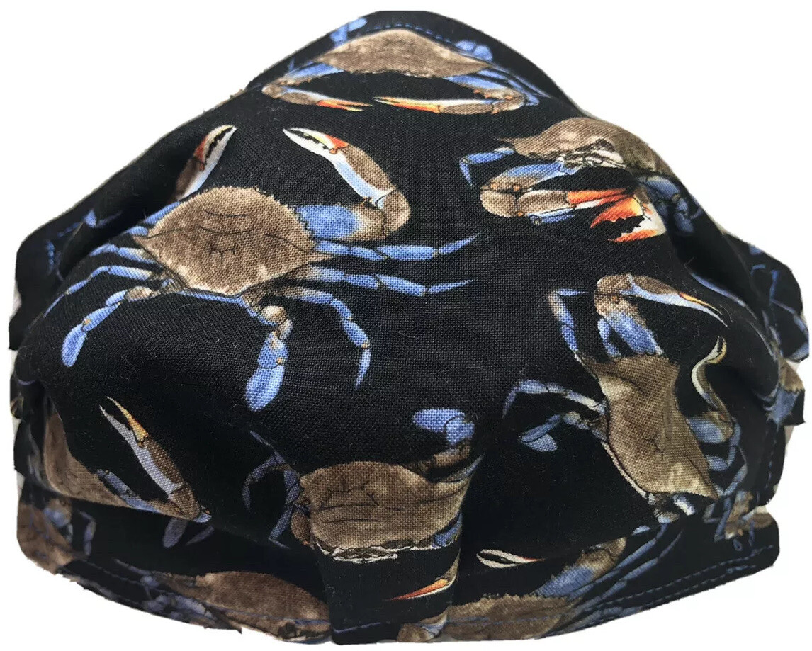 Blue Crabs On Black / Blue Back Face Mask Triple Layer Double Wire Full  Fitted