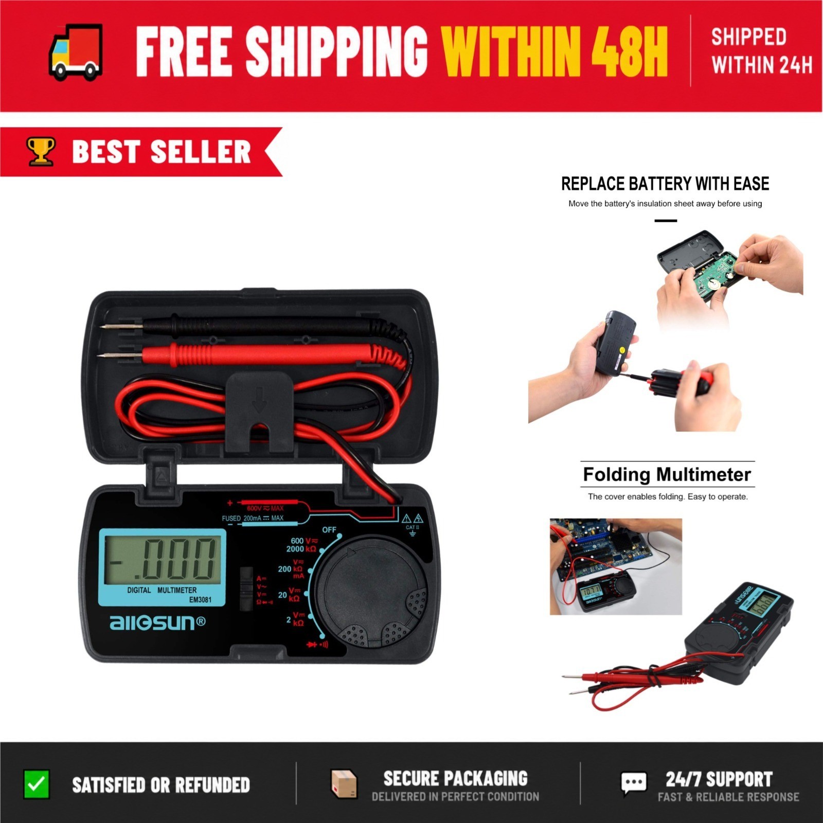 ALLOSUN Digital Multimeter Test Leads for Voltage, Current, Resistance