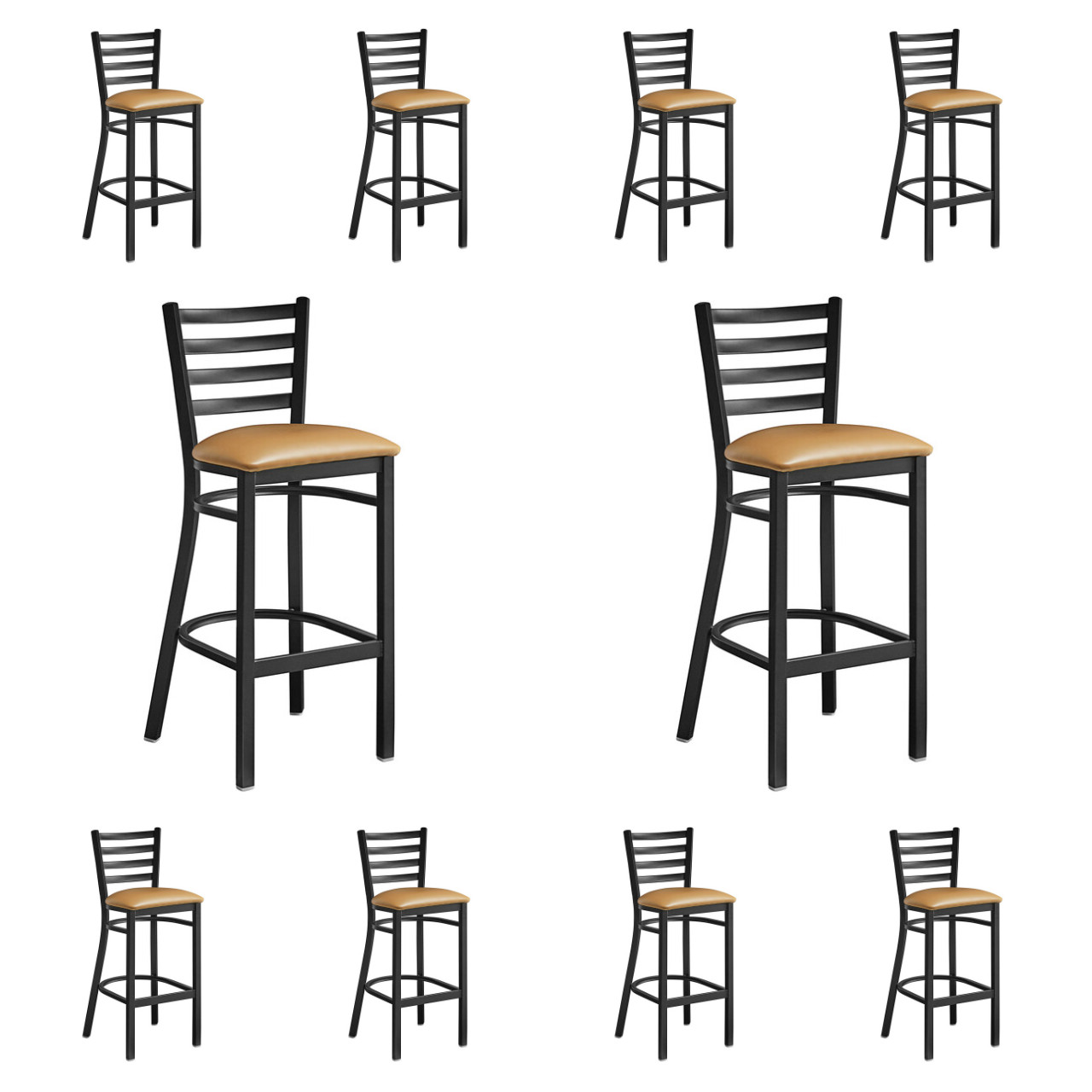 10 PACK Black Ladder Back Metal Restaurant Bar Stool With Light Brown Vinyl Seat