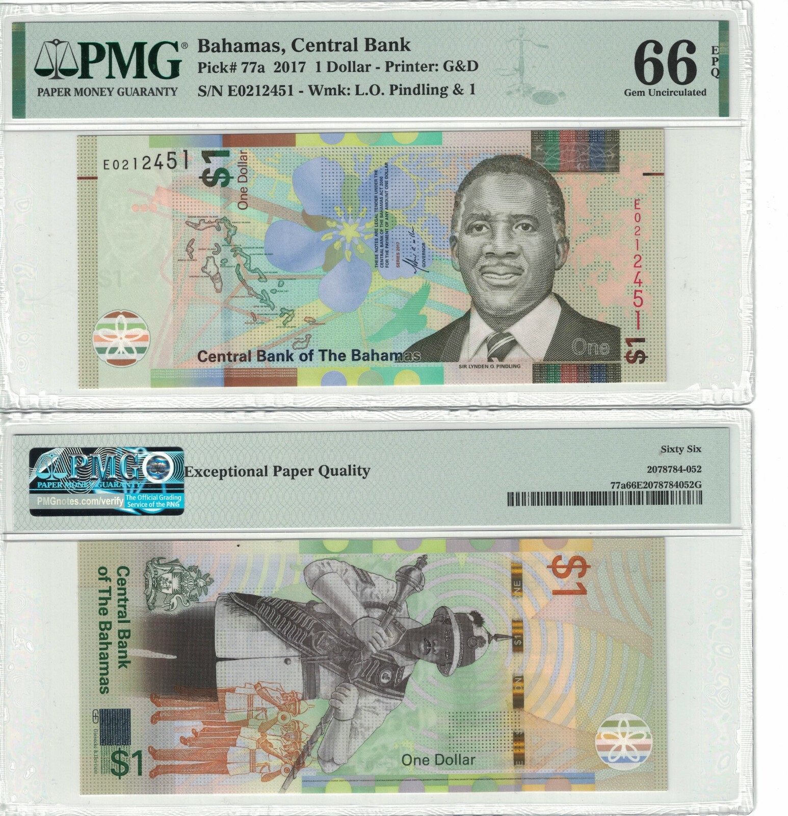 Bahamas $1 Dollar 2017 Pick# 77a PMG: 66 EPQ GEM UNC. PL1205