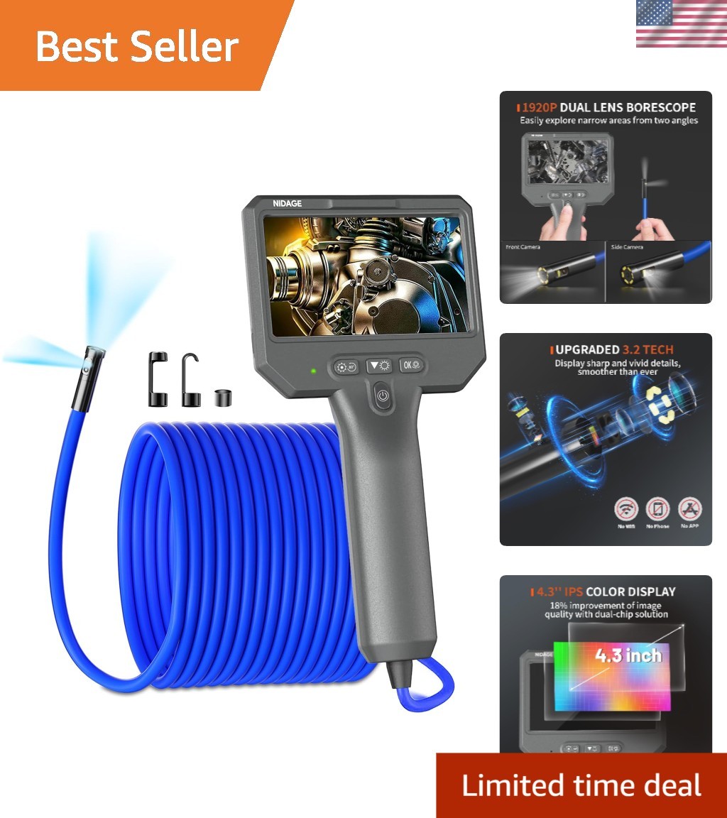 Flexible 11.5FT Borescope Inspection Camera with Dual Lenses & Accessories