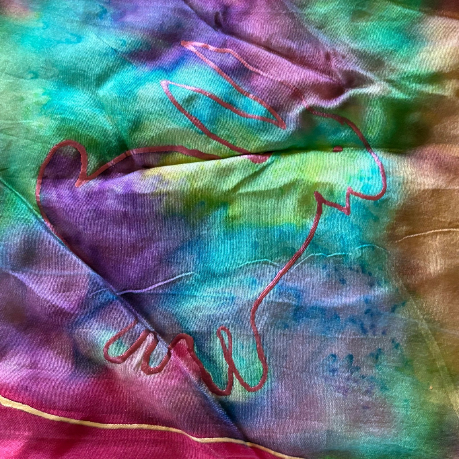 Hand Painted Silk Scarf 65x8 Multicolor Rabbit Artist Signed