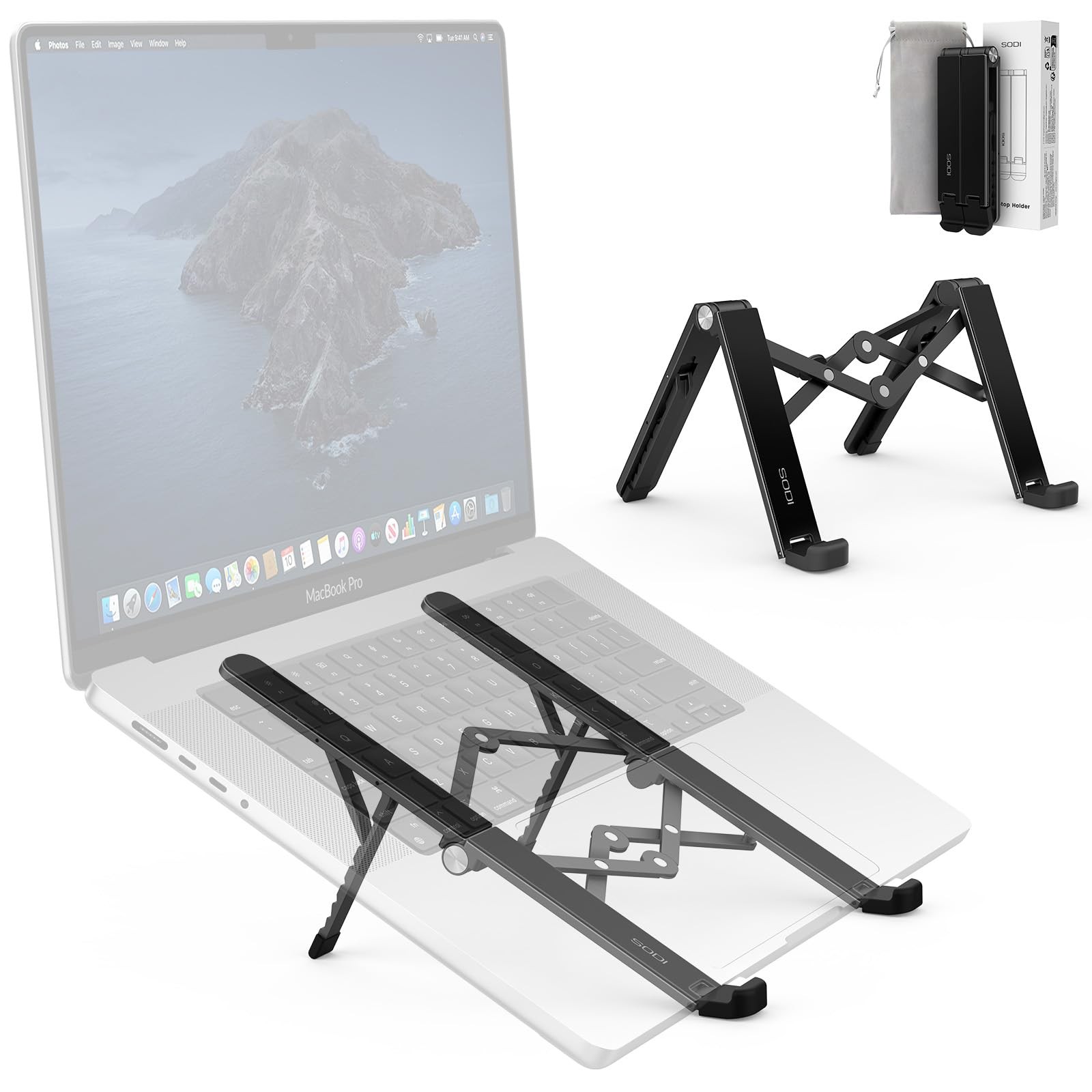 2025 Foldable Laptop Stand for Desk - Bi-fold Ergonomic Spring Adjustable Com...