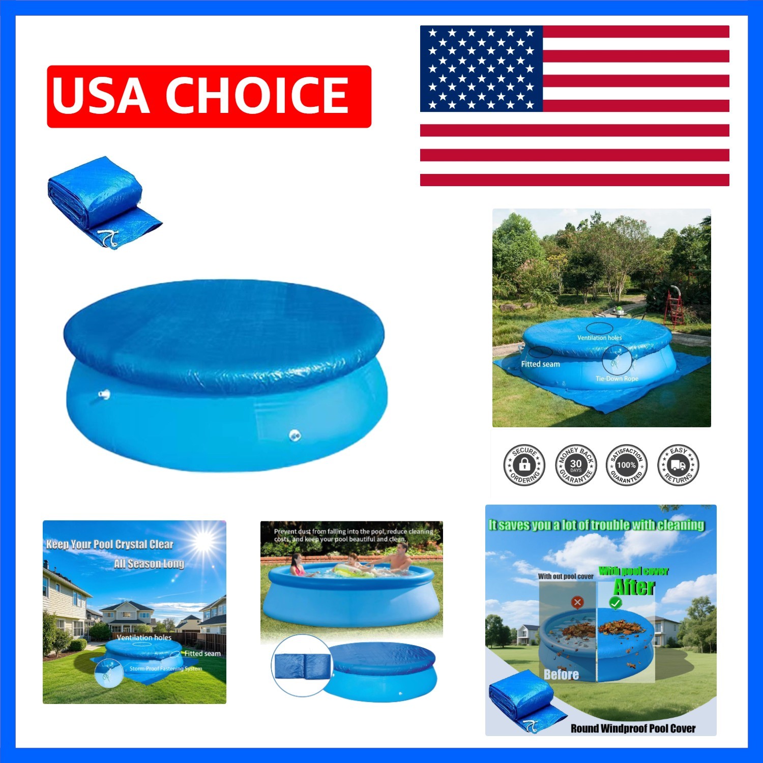 8 Ft Round Pool Cover - Inflatable Above Ground Pool Covers, Dustproof Waterp...