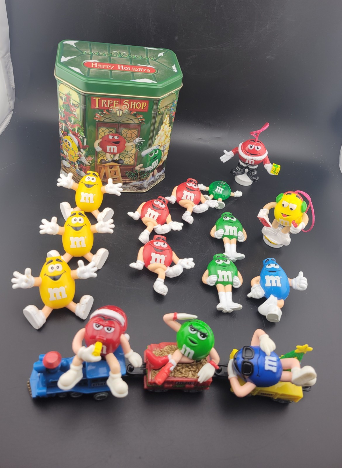 Mars M&Ms Lot of  Lot Candy Toppers Christmas Train Set Light Covers And Tin