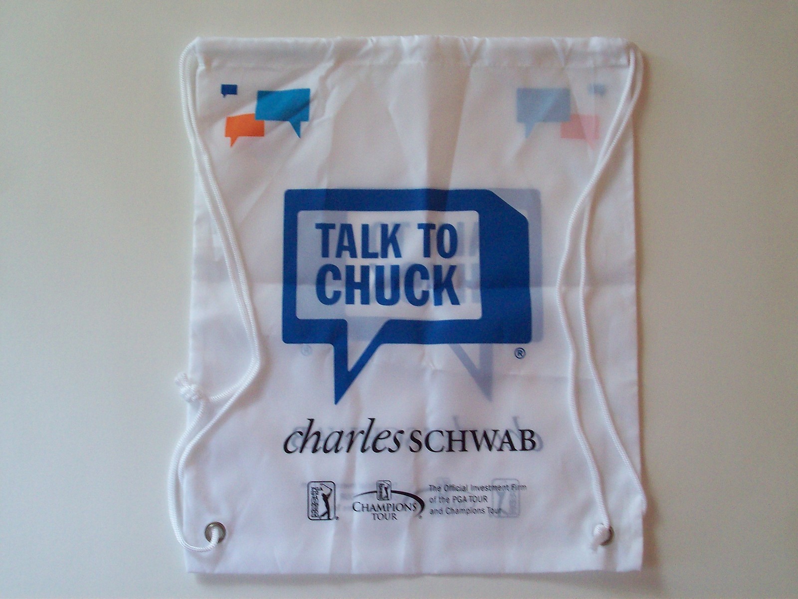 Charles Schwab PGA Golf Tour Backpack Drawstring Bag Talk to Chuck White NEW