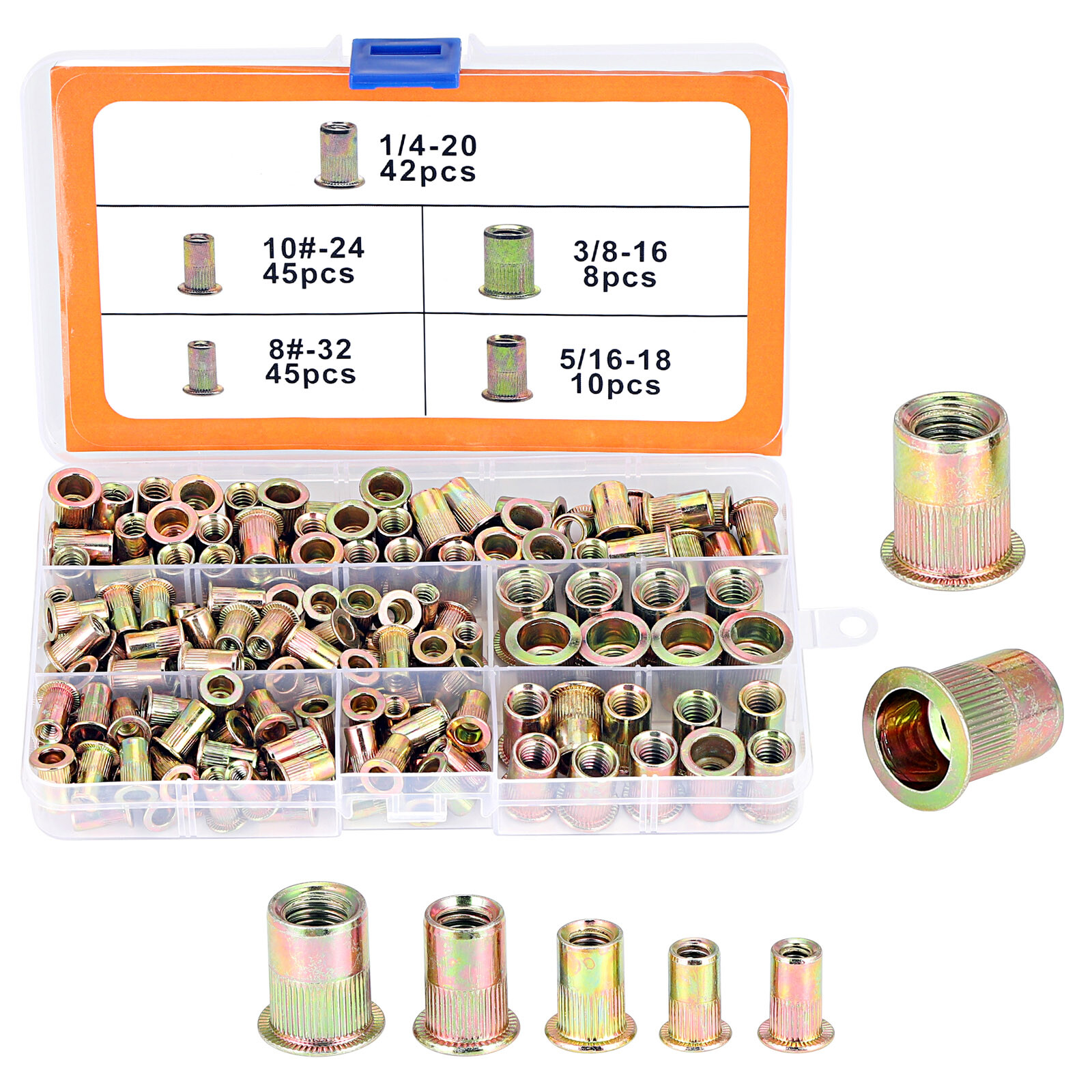 150PC Rivet Nuts Zinc Plated Carbon Steel Flat Head Rivnut Threaded Insert Nuts