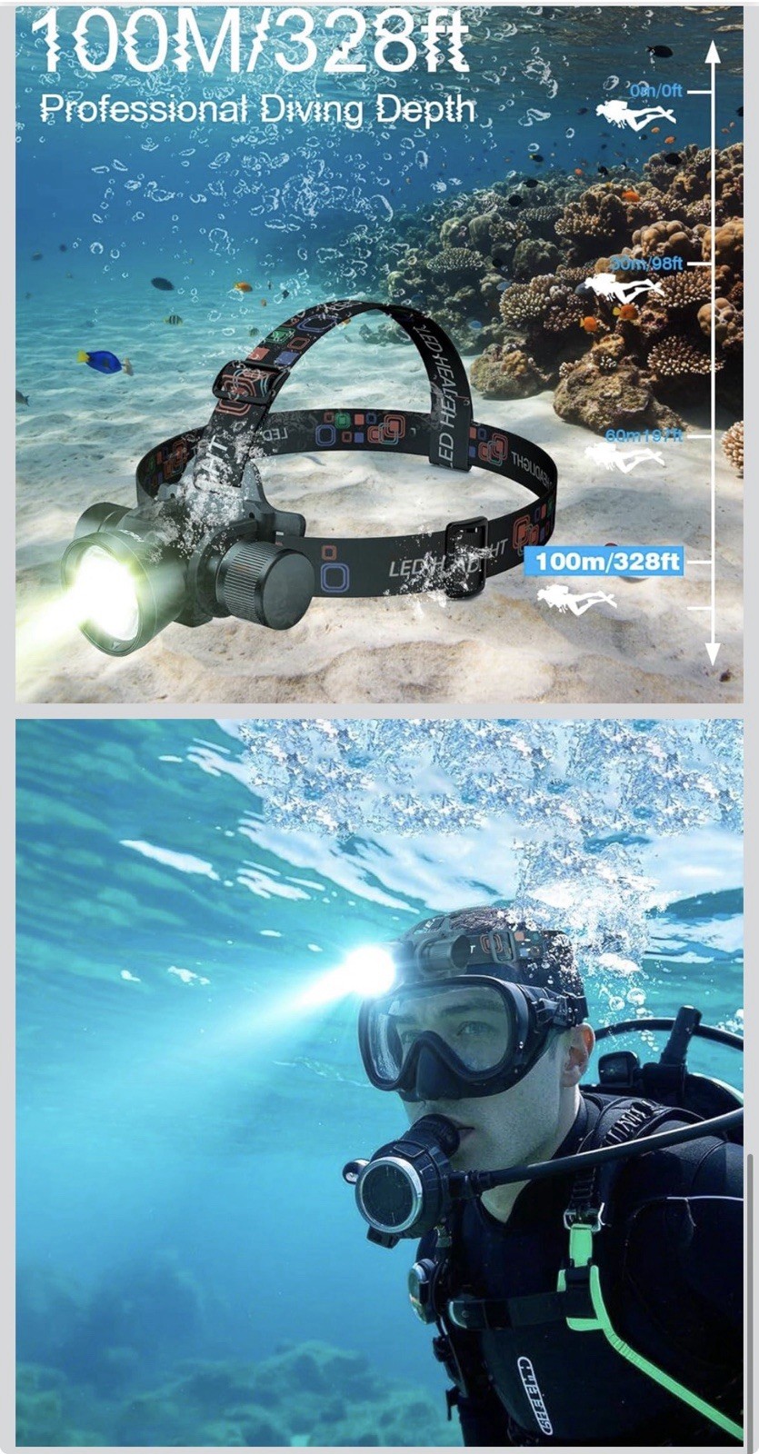 LED Headlamp IP68 Waterproof Diving Light 100M Adjustable Fast Charging Aluminum