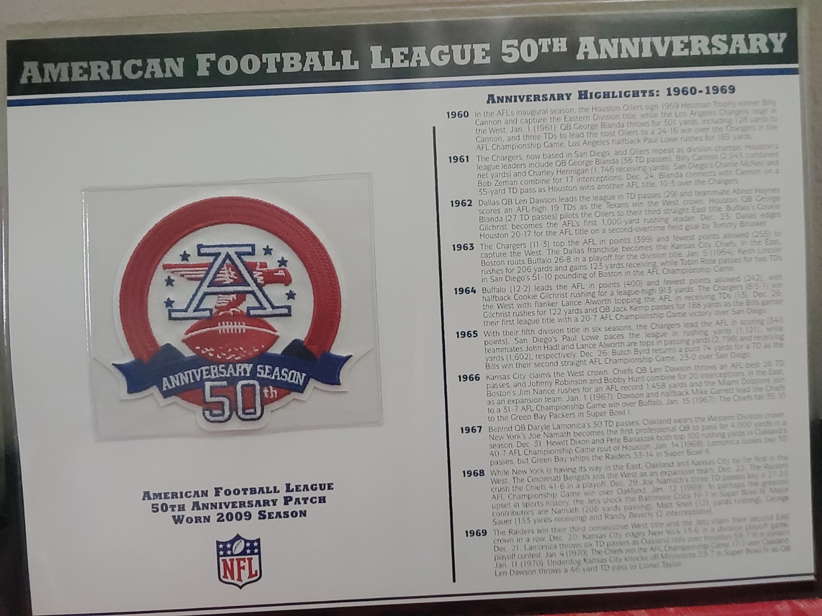AFL 50th ANNIVERSARY Willabee Ward Football Patch 50 years Game Worn 2009 Season