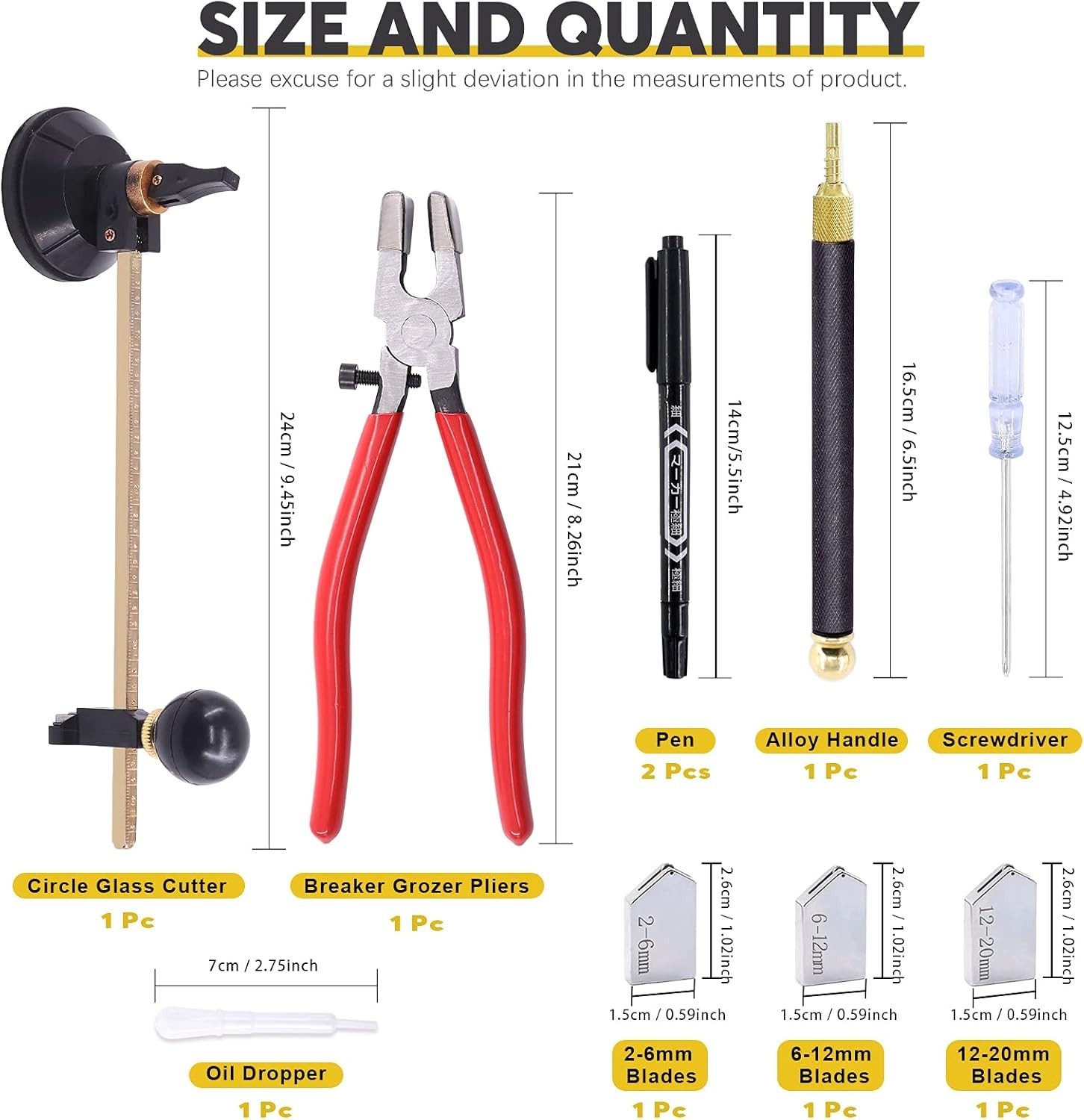 9 Pcs Glass Cutting Tool Set Kit Includes Adjustable Circular Glass Cutter, Glas