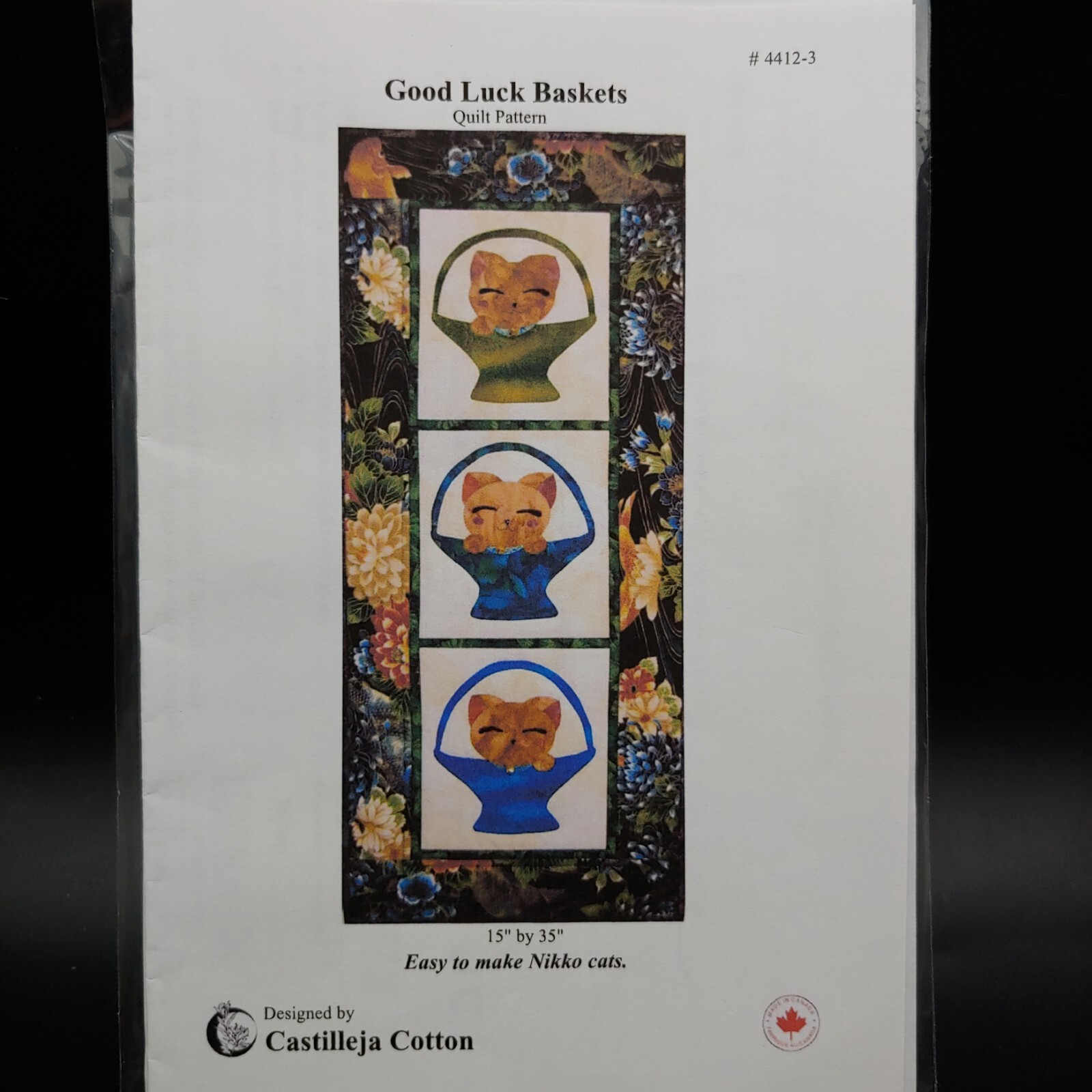 Cat Basket Applique Quilt Pattern, 15x35 Wall Hanging Beginner Castilleja Cotton