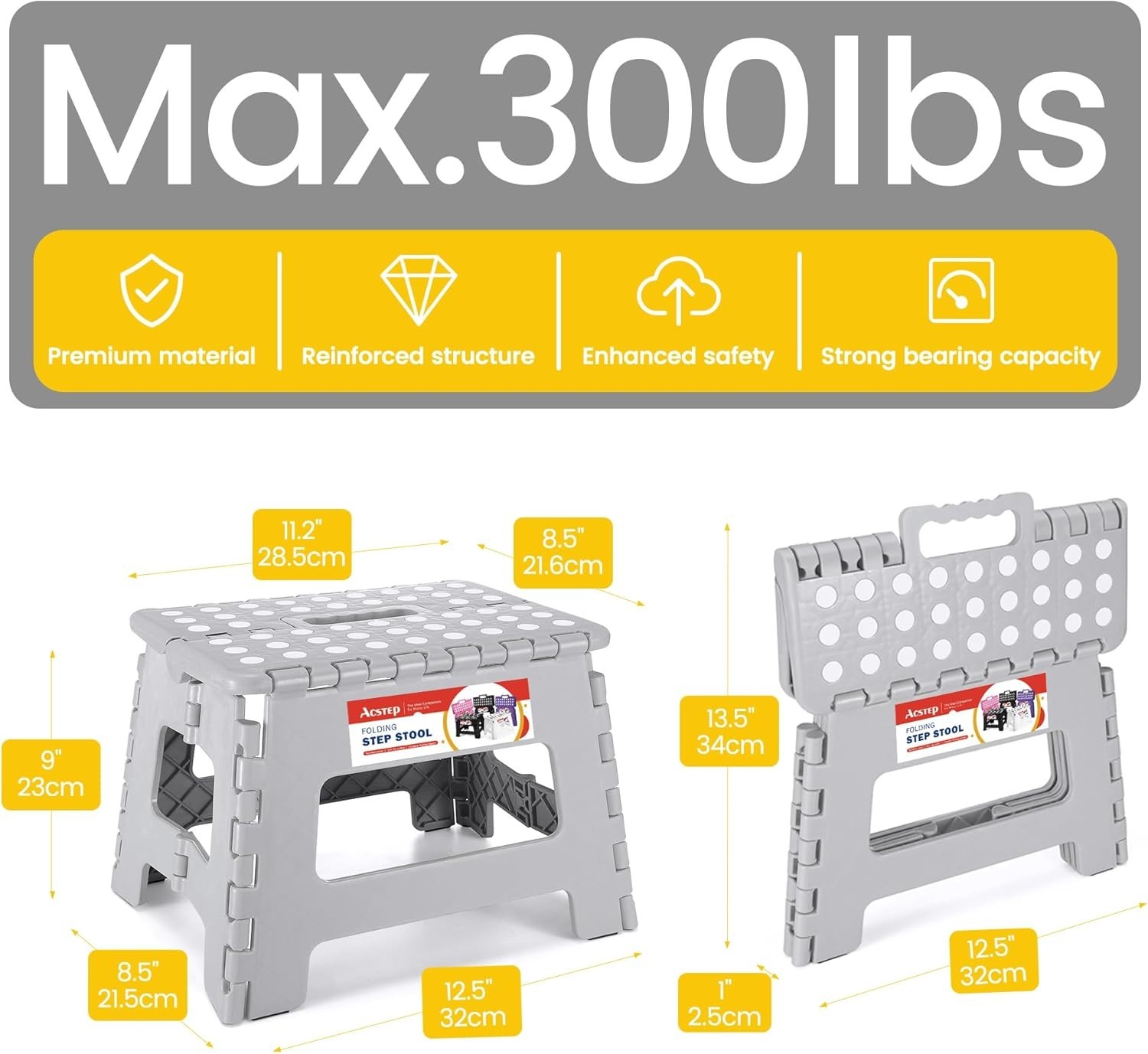 Folding Step Stool Plastic Foldable Stools with Portable Handle Grey 9" 11" 13"