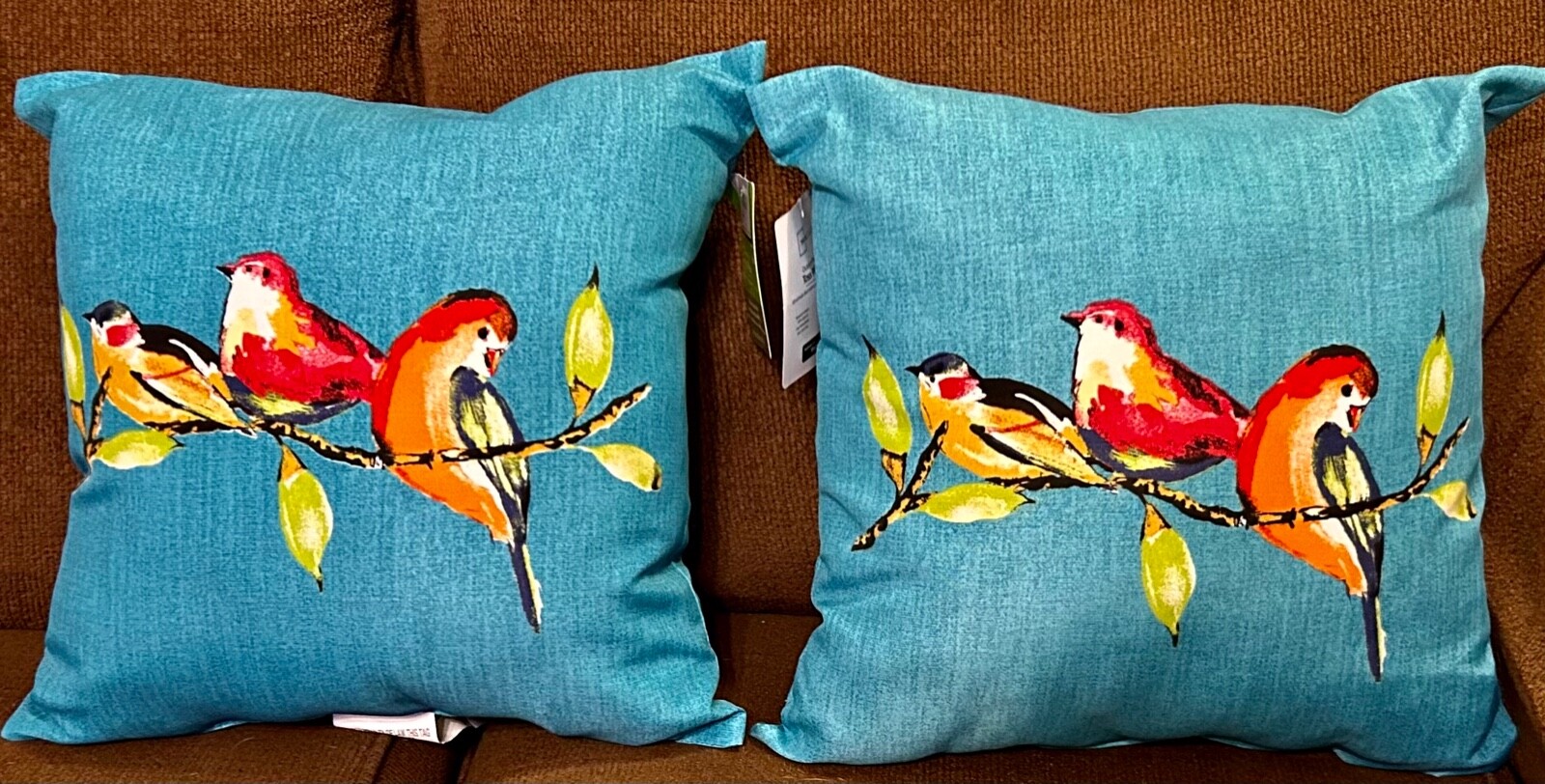 2 PILLOWS BIRDS ON A BRANCH TURQUOISE 16 x16 NEW INDOOR OUTDOOR TEAL FAST SHIP