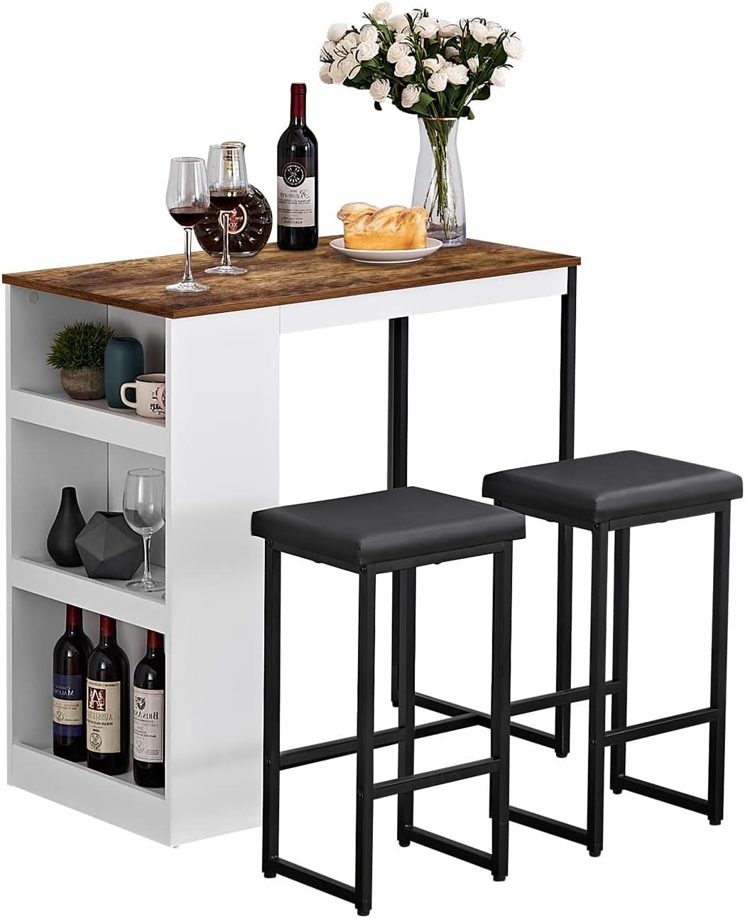3 Piece Dining Table Set Kitchen Bar Table with Two Stool Storage Shelves Wood
