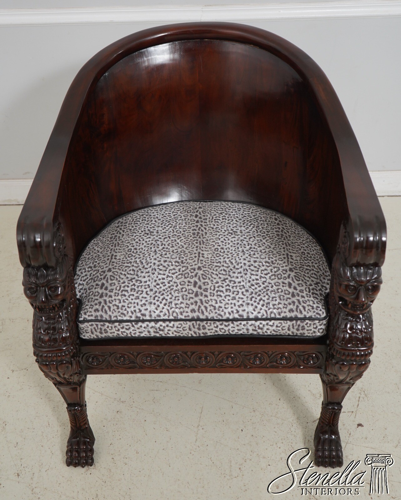 F62511EC: Monumental Ornately Carved Throne Chair w. Upholstered Seat