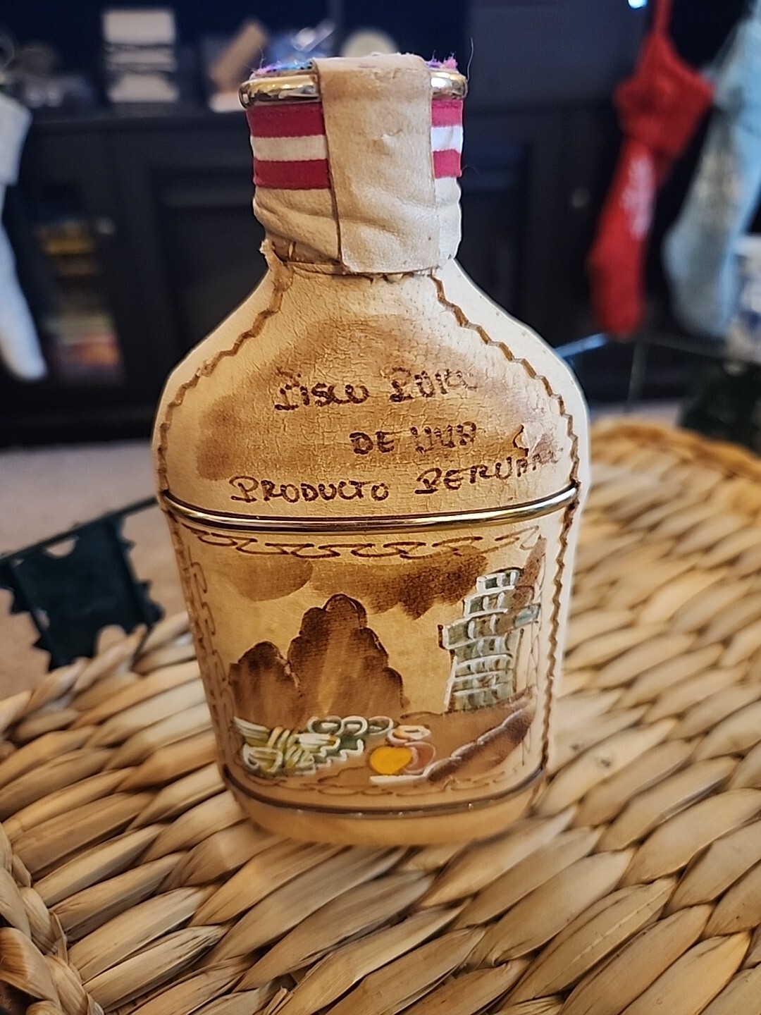 Vintage Leather Wrapped Hand Painted Pisco Bottle Peru Empty Excellent Condition